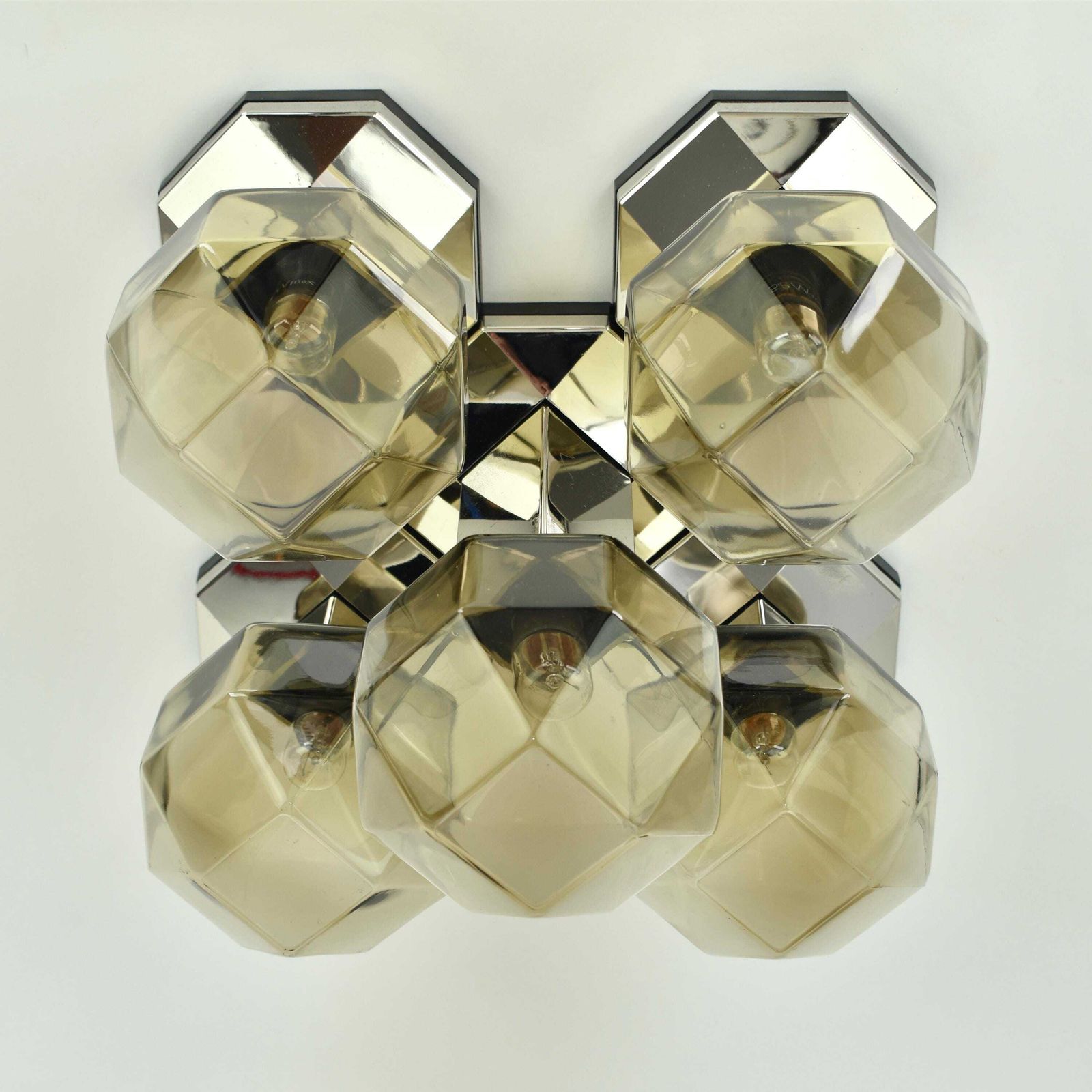 1970s Motoko Ishii Flush Mount Brass & Glass Lights For Staff Leuchten Modular Architectural Gold Smoked Cubist Ceiling Lamp Mid Century Mcm photo vinterior