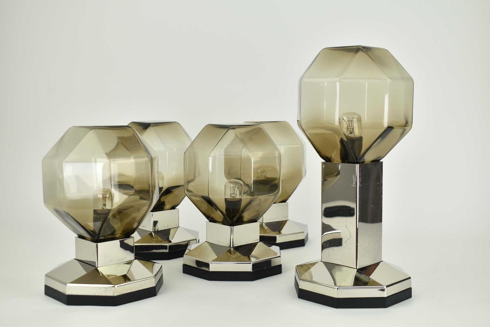 1970s Motoko Ishii Flush Mount Brass & Glass Lights For Staff Leuchten Modular Architectural Gold Smoked Cubist Ceiling Lamp Mid Century Mcm photo vintage