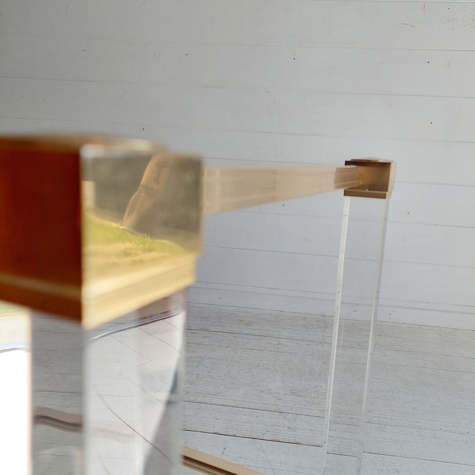photo vintage Mid Century Lucite Glass Brass Coffee Table Trolley Hollywood Regency By Pierre Vandel France  70s