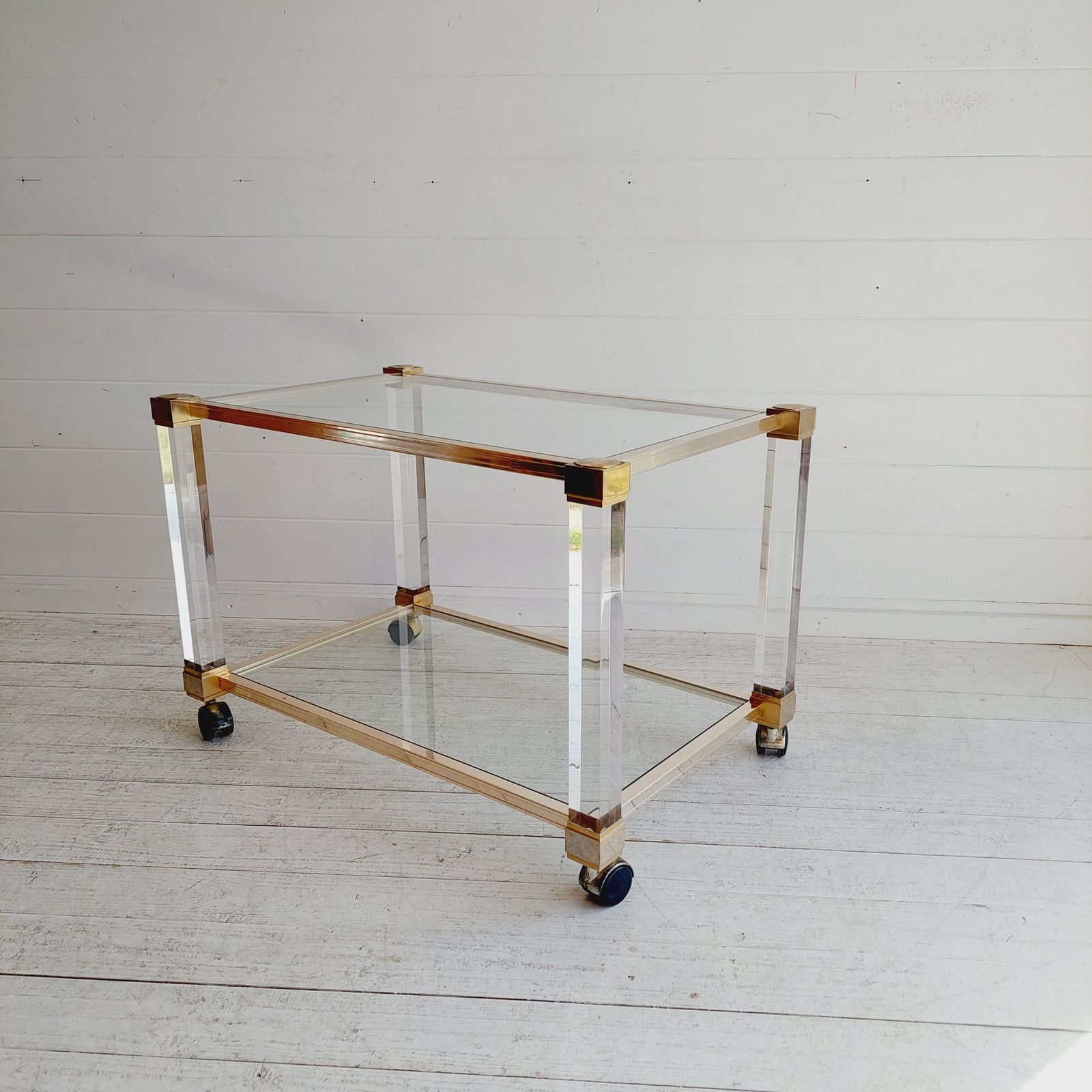 Mid Century Lucite Glass Brass Coffee Table Trolley Hollywood Regency By Pierre Vandel France  70s photo buy
