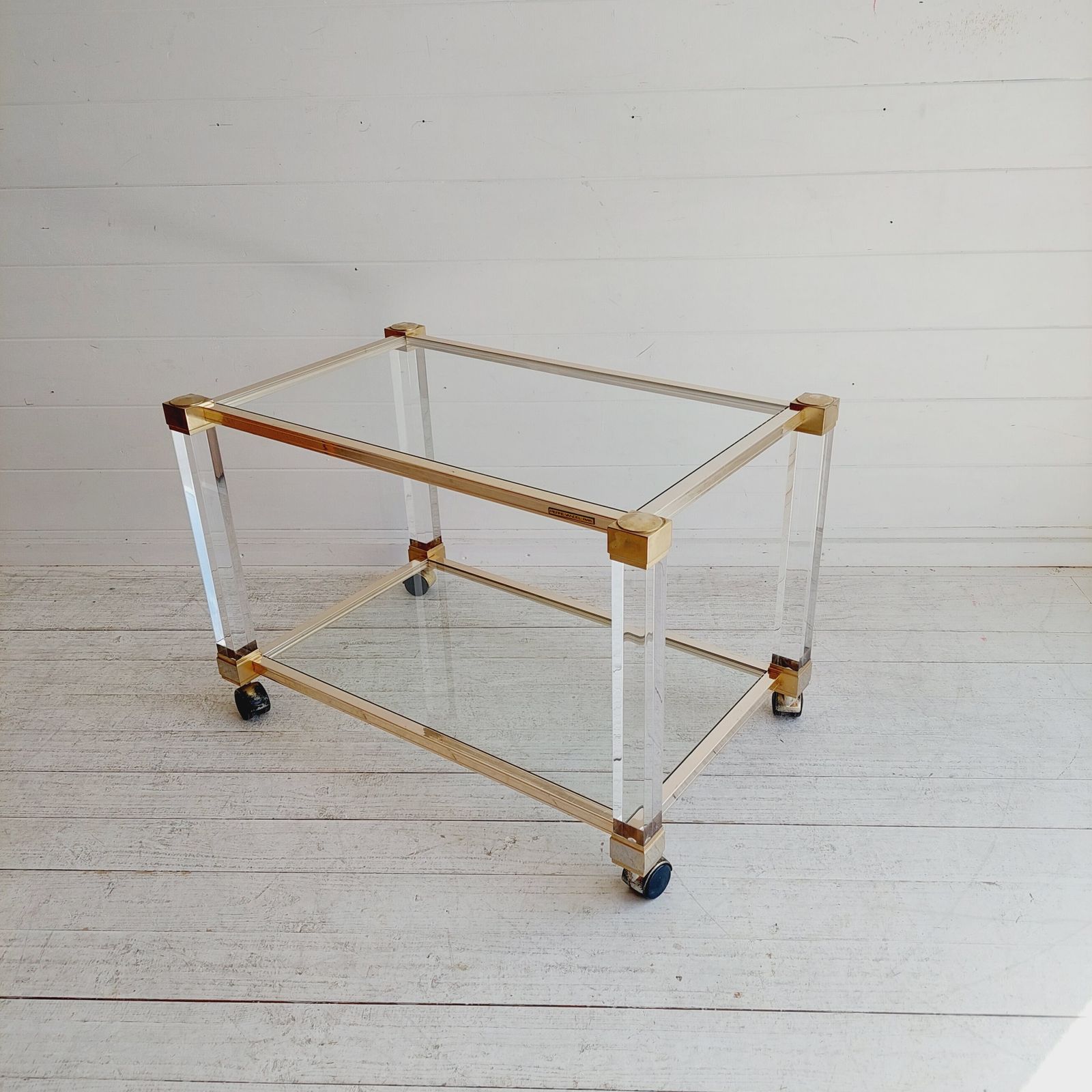 Mid Century Lucite Glass Brass Coffee Table Trolley Hollywood Regency By Pierre Vandel France  70s