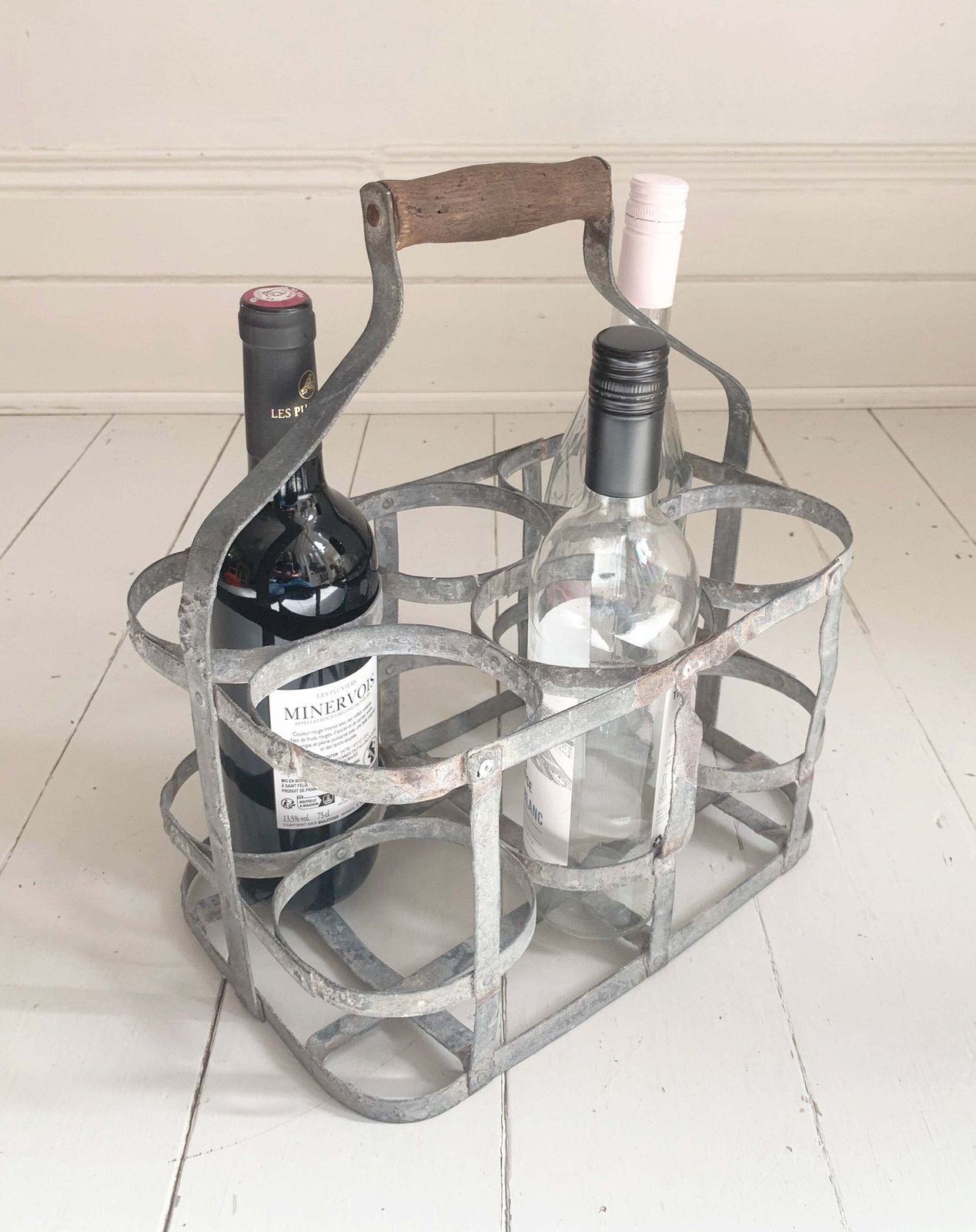 photo for sale Antique French Galvanised Metal Milk / Wine Bottle Holder   Holds Six Bottles