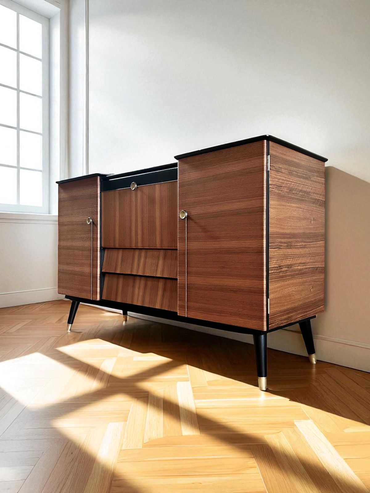 Mid Century Beautility Cocktail Cabinet.  Professionally Refurbished, Handpainted Accents. photo furniture