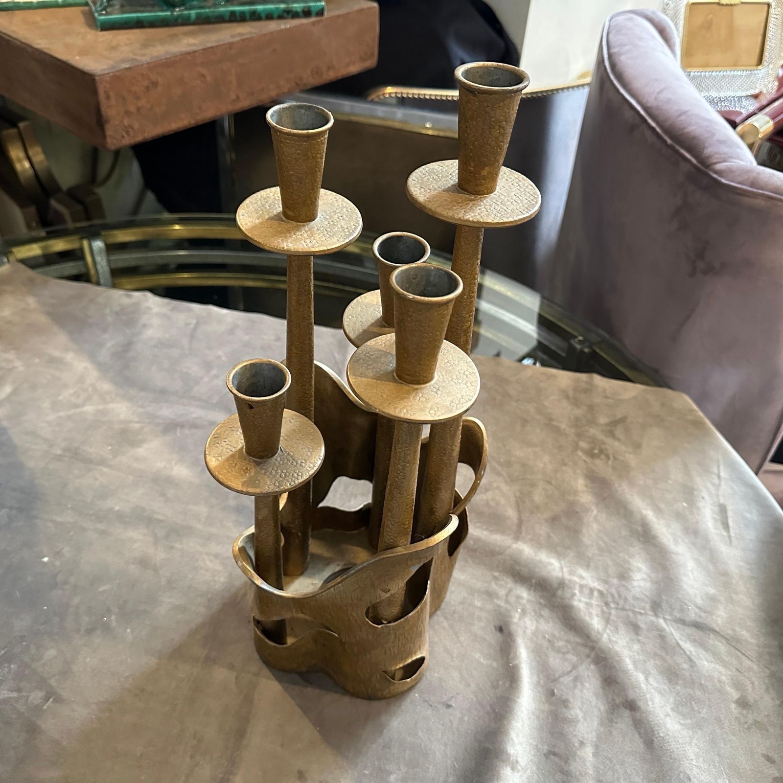 photo vintage 1970s Mid Century Modern Gilded Pewter Sculptured Candelabra By Prof. Ceccherini