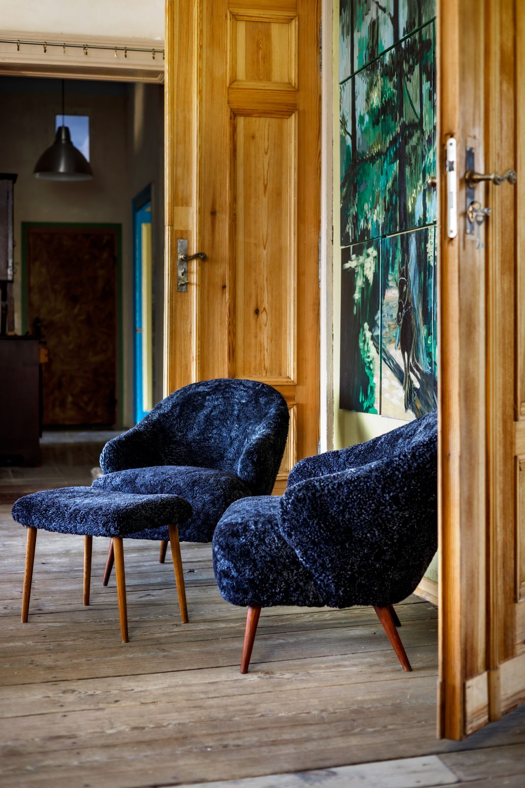 Graphite Shearling Upholstered Italian Set Of Two Club Chairs And Taburet photo for sale