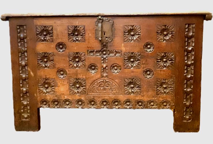 Antique Renaissance Style Carved Oak Chest 18th Century