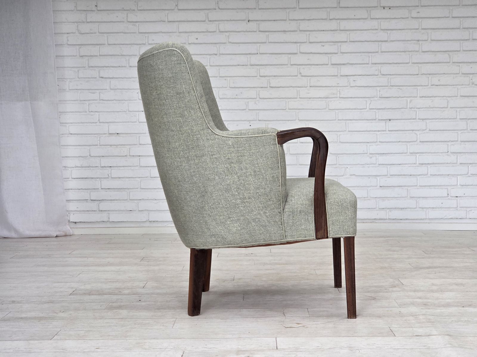 1960s, Danish Armchair, Original Light Grey Furniture Wool, Solid Teak Wood. photo furniture
