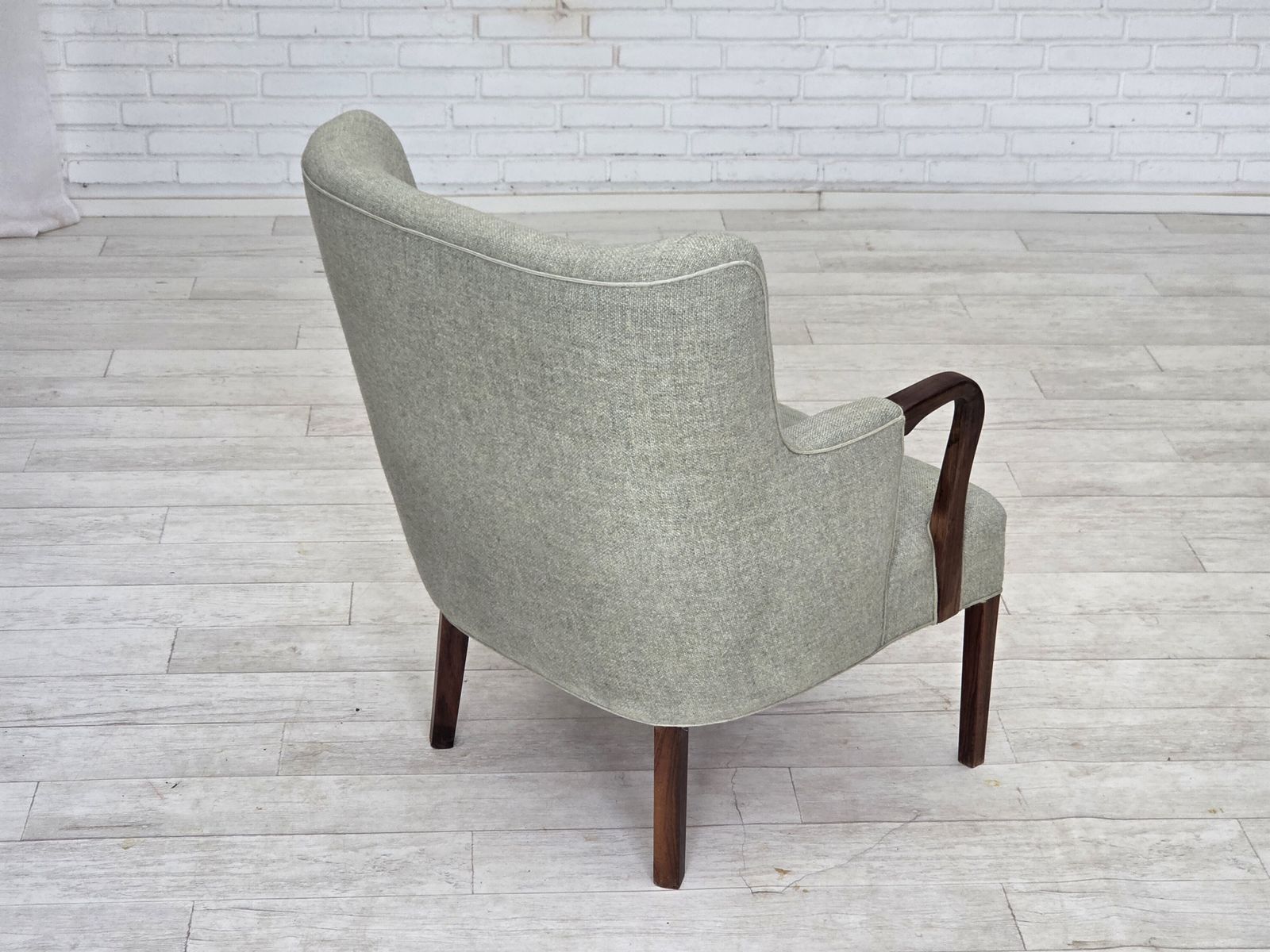 1960s, Danish Armchair, Original Light Grey Furniture Wool, Solid Teak Wood. photo for sale