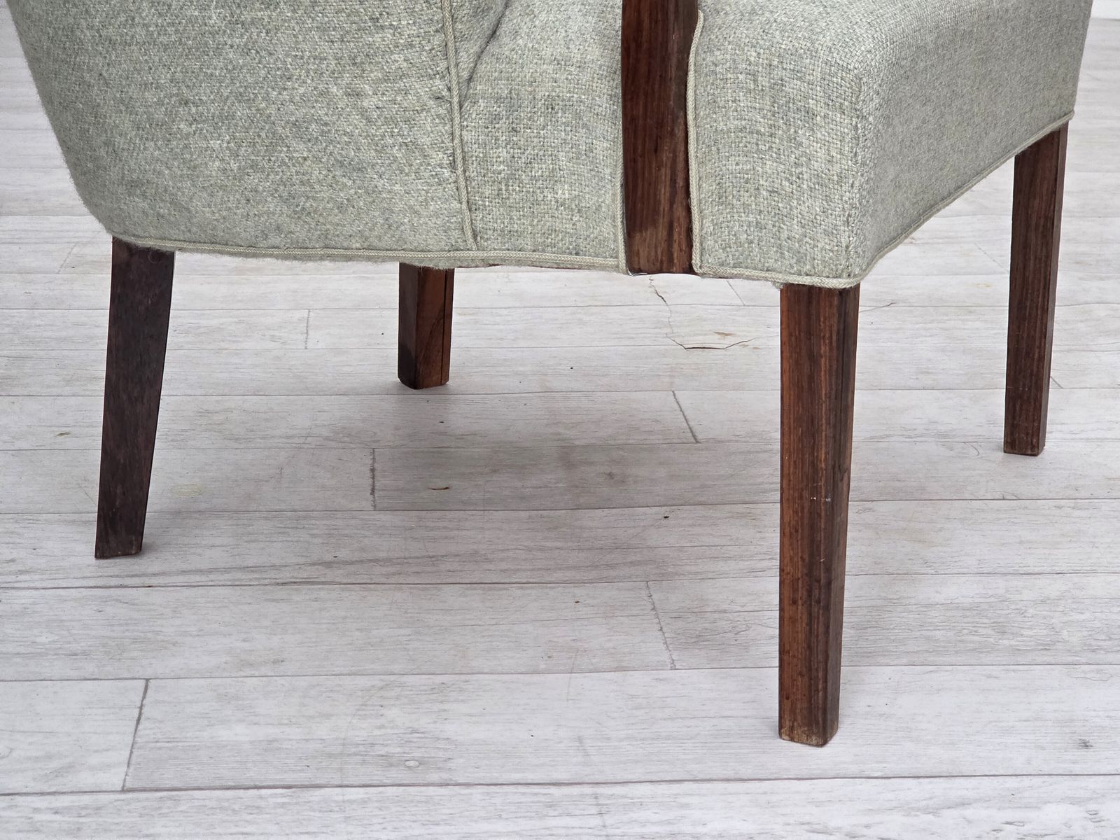 1960s, Danish Armchair, Original Light Grey Furniture Wool, Solid Teak Wood. photo vintage