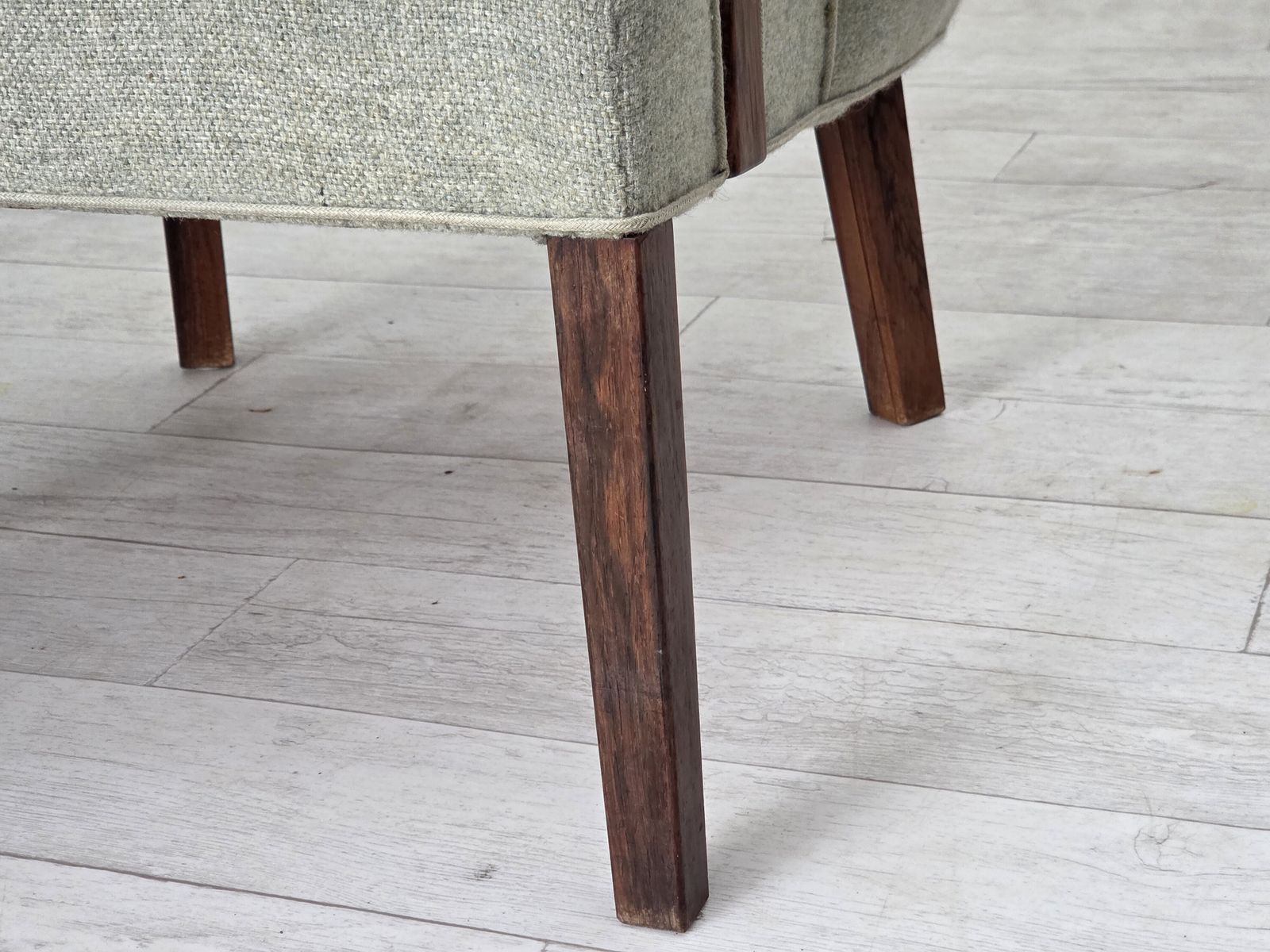 Furniture 1960s, Danish Armchair, Original Light Grey Furniture Wool, Solid Teak Wood. photo