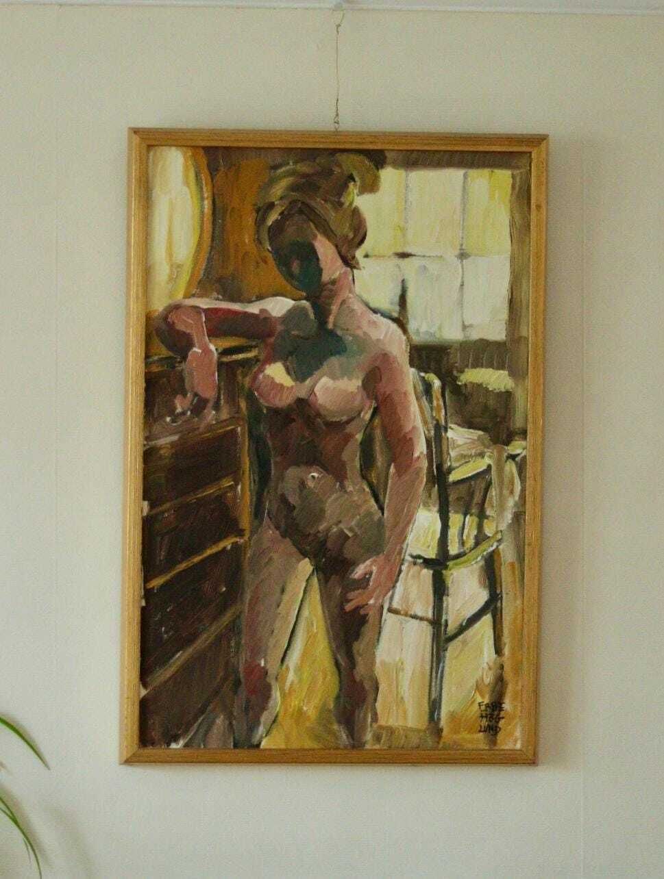 Original Swedish Oil On Canvas – “Woman’s Study” By Ebbe Höglund – Vintage & Framed, 64 X 43 Cm (25.2 X 16.9 In) photo furniture