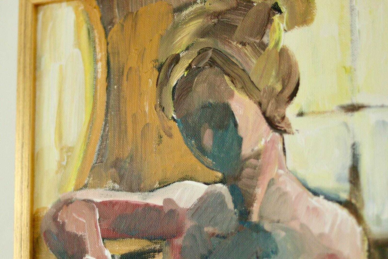 photo furniture Original Swedish Oil On Canvas – “Woman’s Study” By Ebbe Höglund – Vintage & Framed, 64 X 43 Cm (25.2 X 16.9 In)