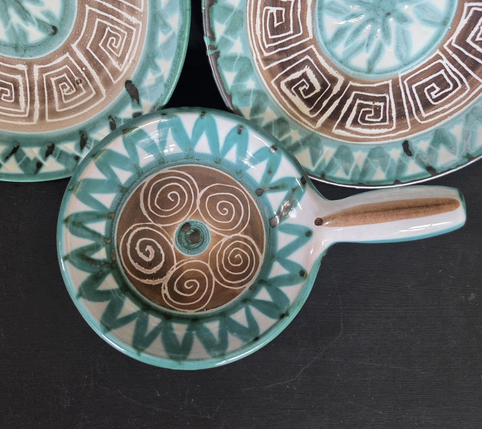 photo for sale Robert Picault, Vallauris   Two 15cm Bowls And A Small Handled Dish, Vintage French Studio Pottery 1960s Please See Condition Description