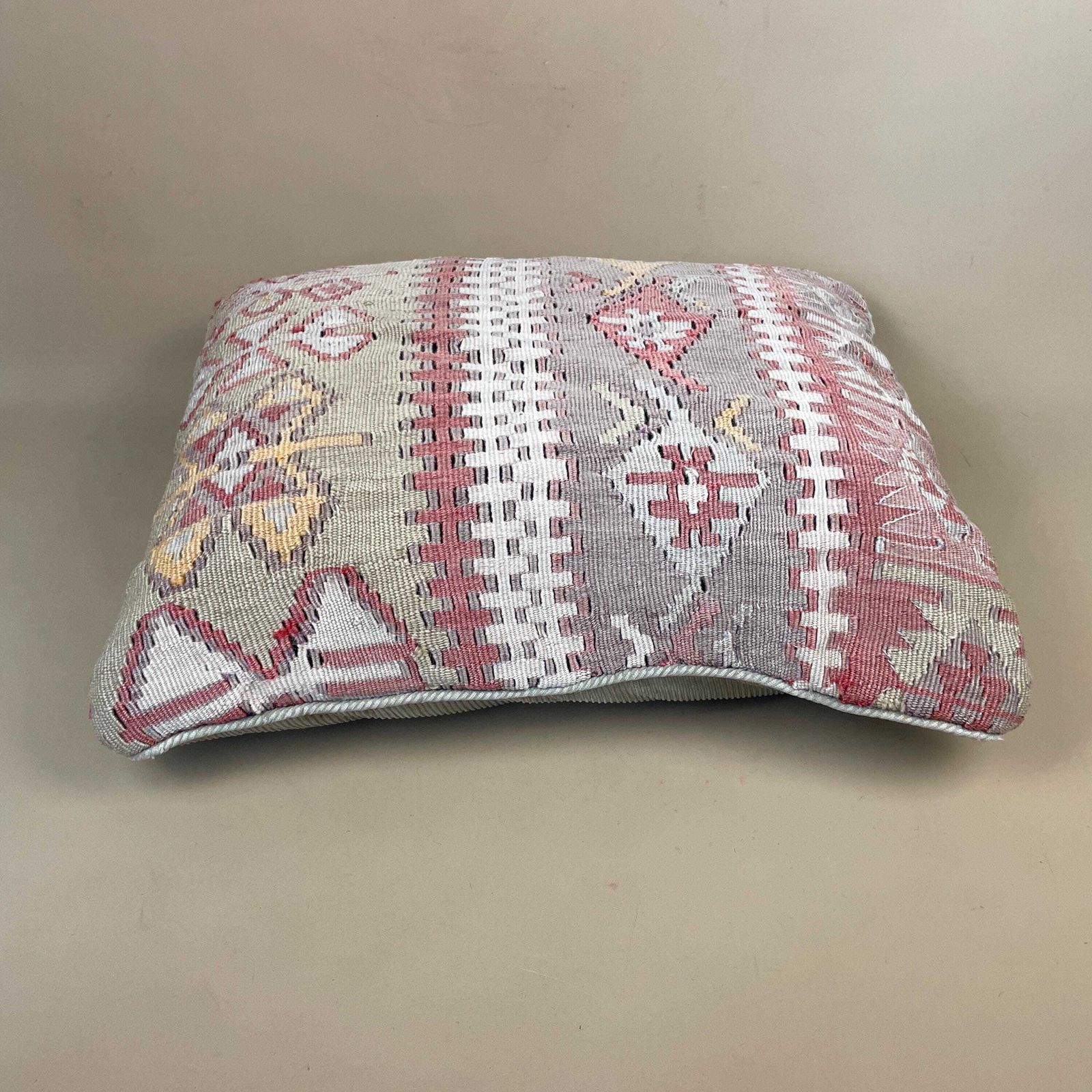 Moroccan Kilim Cushion Carpet Scatter Pillow Feather Handmade 50x45cm Beige Red Sage Green Geometric Pattern photo for sale