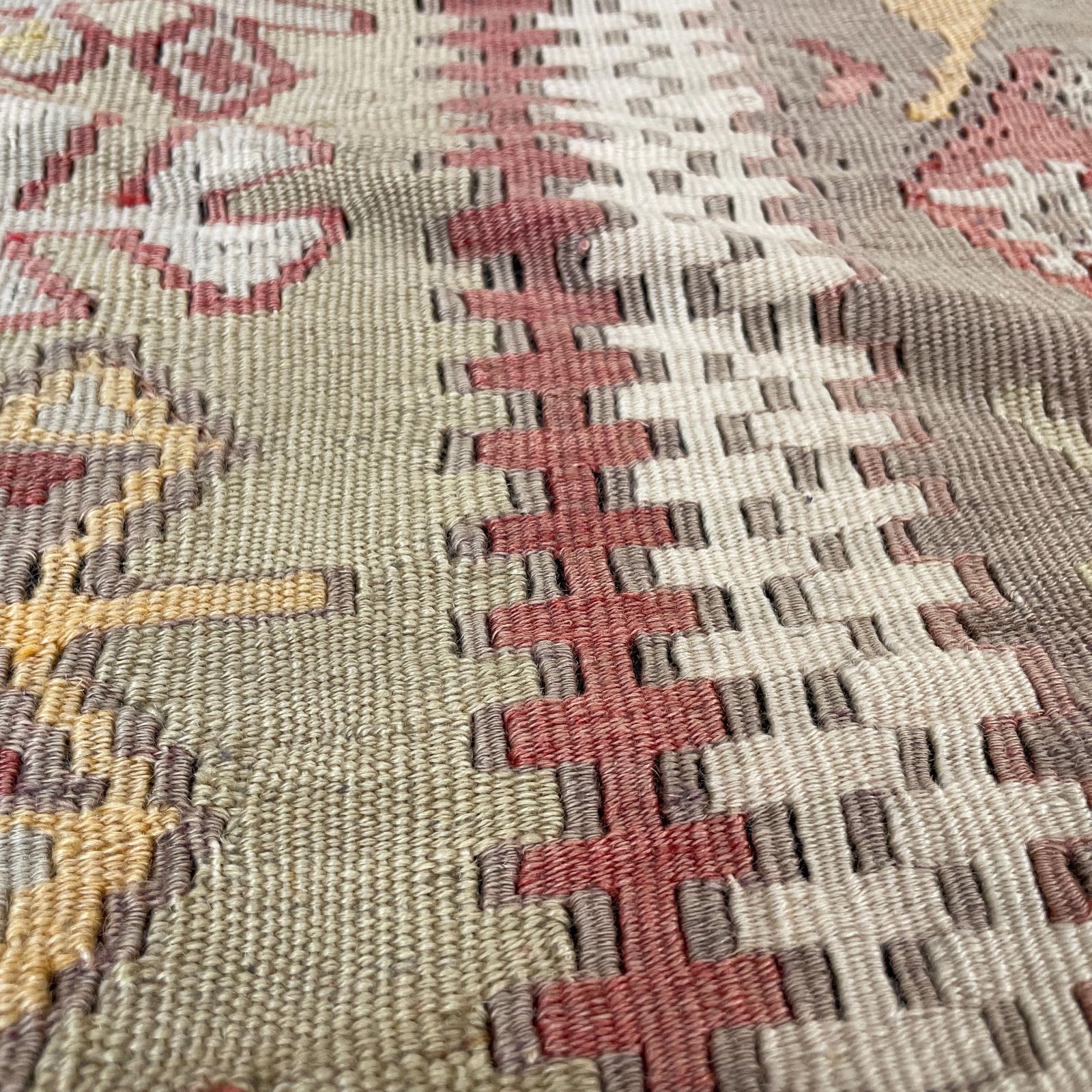 Moroccan Kilim Cushion Carpet Scatter Pillow Feather Handmade 50x45cm Beige Red Sage Green Geometric Pattern photo vintage
