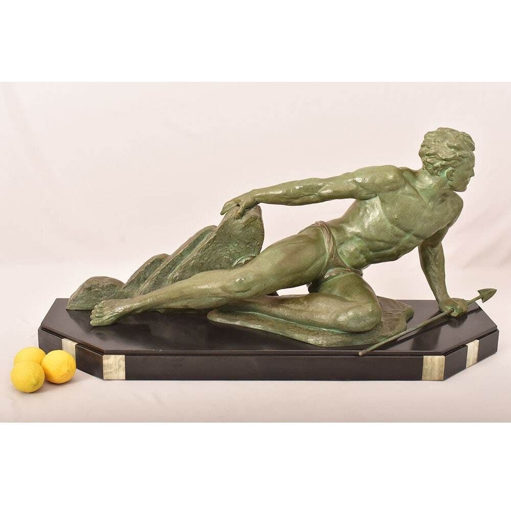 Antique Antimony Statues, Jean De Roncourt, Art Déco, Warrior With Spear.2700