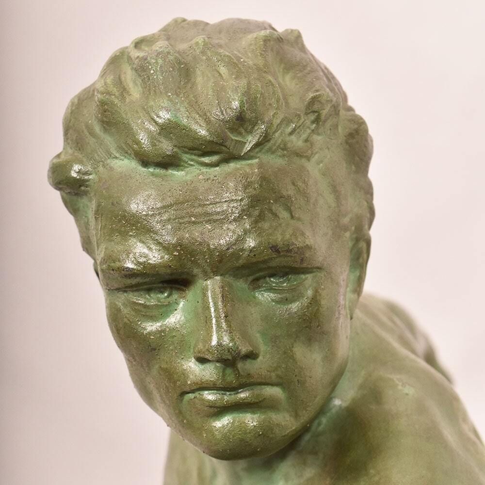 Antique Antimony Statues, Jean De Roncourt, Art Déco, Warrior With Spear.2700 photo for sale