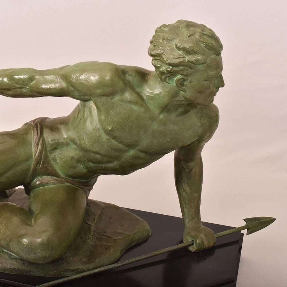 Antique Antimony Statues, Jean De Roncourt, Art Déco, Warrior With Spear.2700 photo vinterior