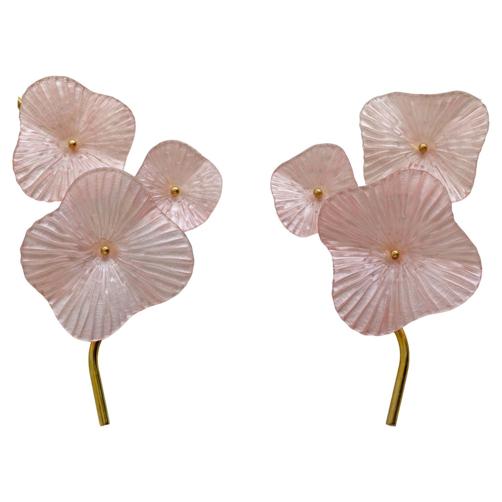 Pair Of Modern Murano Artistic Glass Pearly Pink And Brass Sconces