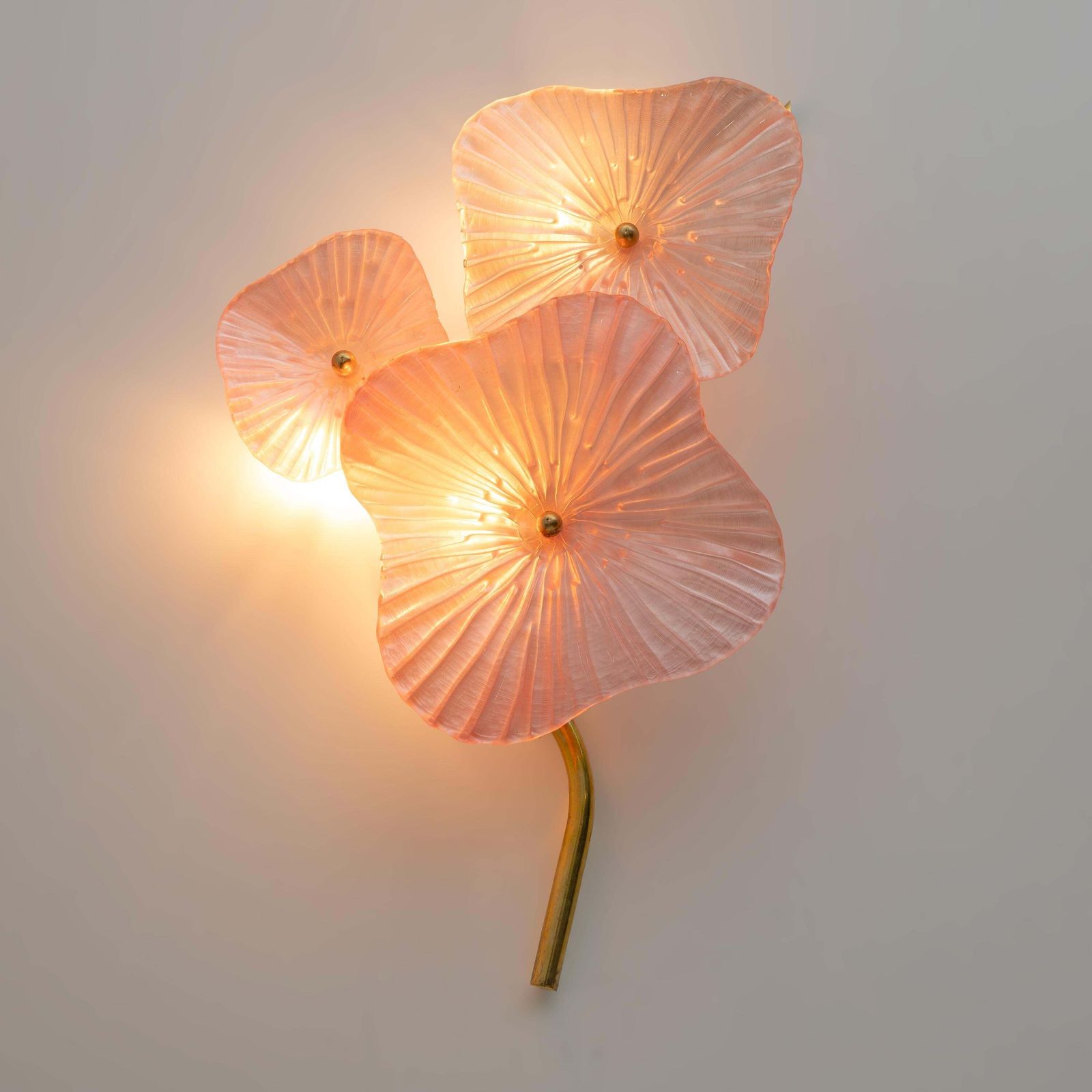 Pair Of Modern Murano Artistic Glass Pearly Pink And Brass Sconces photo Lighting