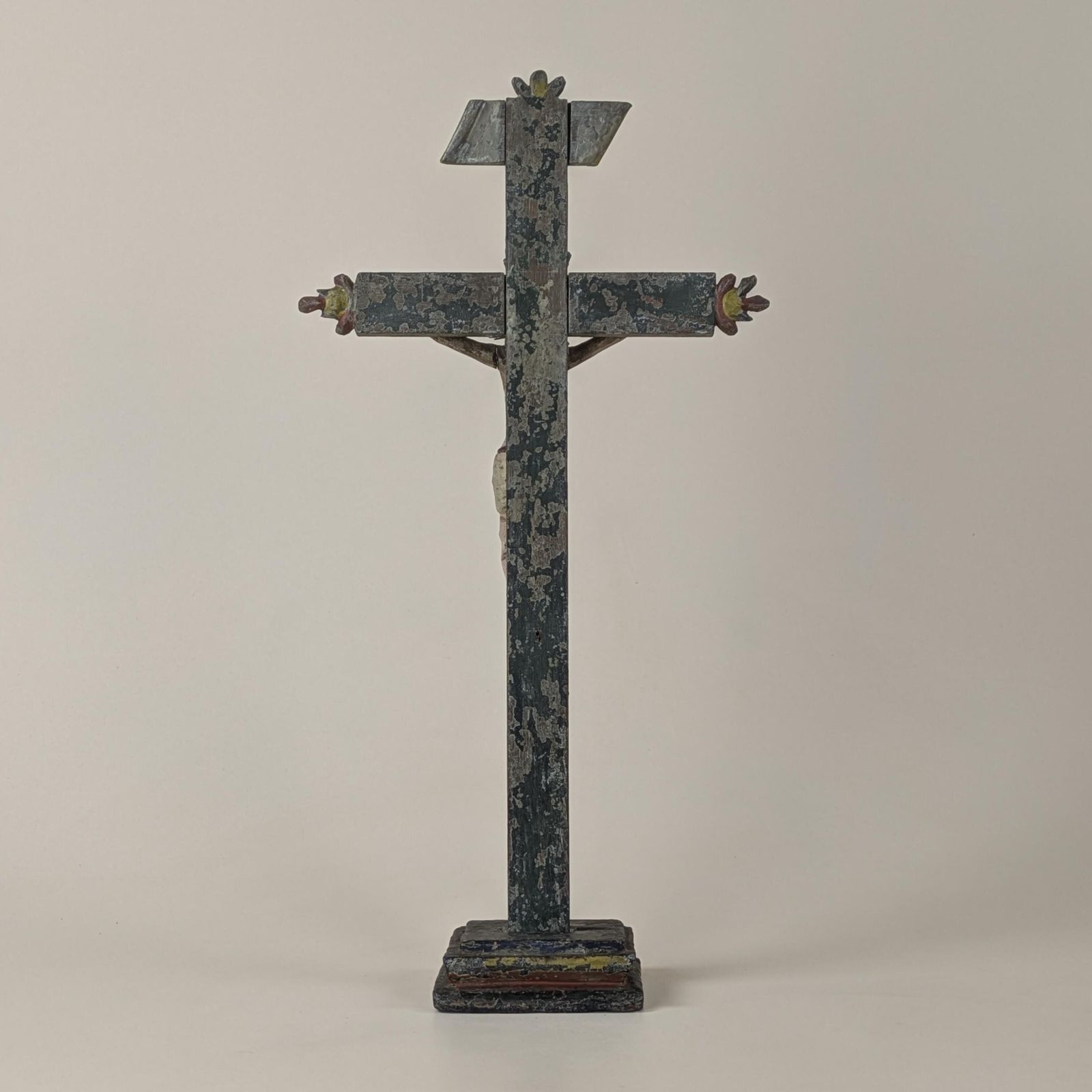 Antique 18th Century Hand Carved Polychrome Wood Christ Crucifix Skull Crossbones Folk Art Religious Sculpture Spanish Religious Decor photo vintage