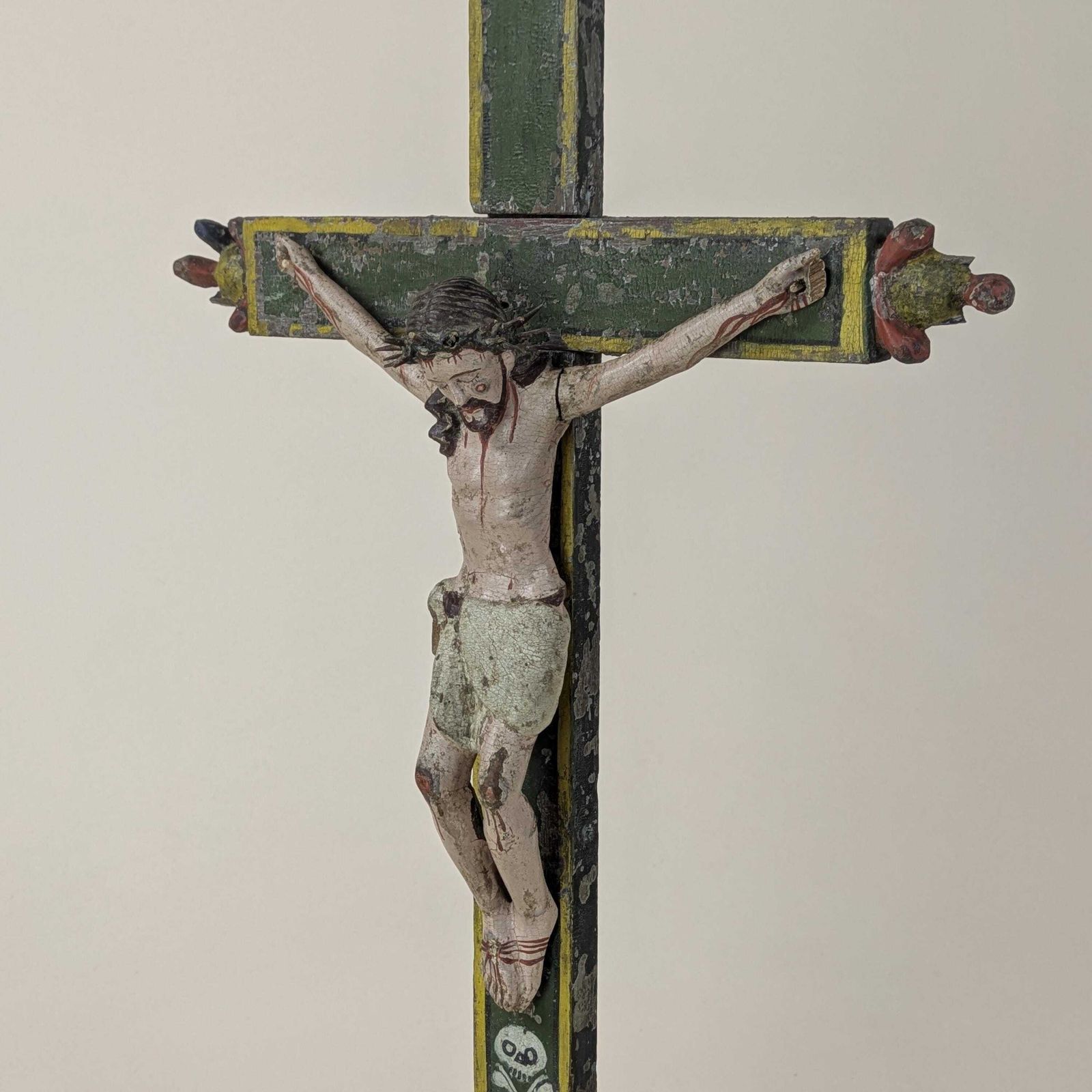 photo furniture Antique 18th Century Hand Carved Polychrome Wood Christ Crucifix Skull Crossbones Folk Art Religious Sculpture Spanish Religious Decor