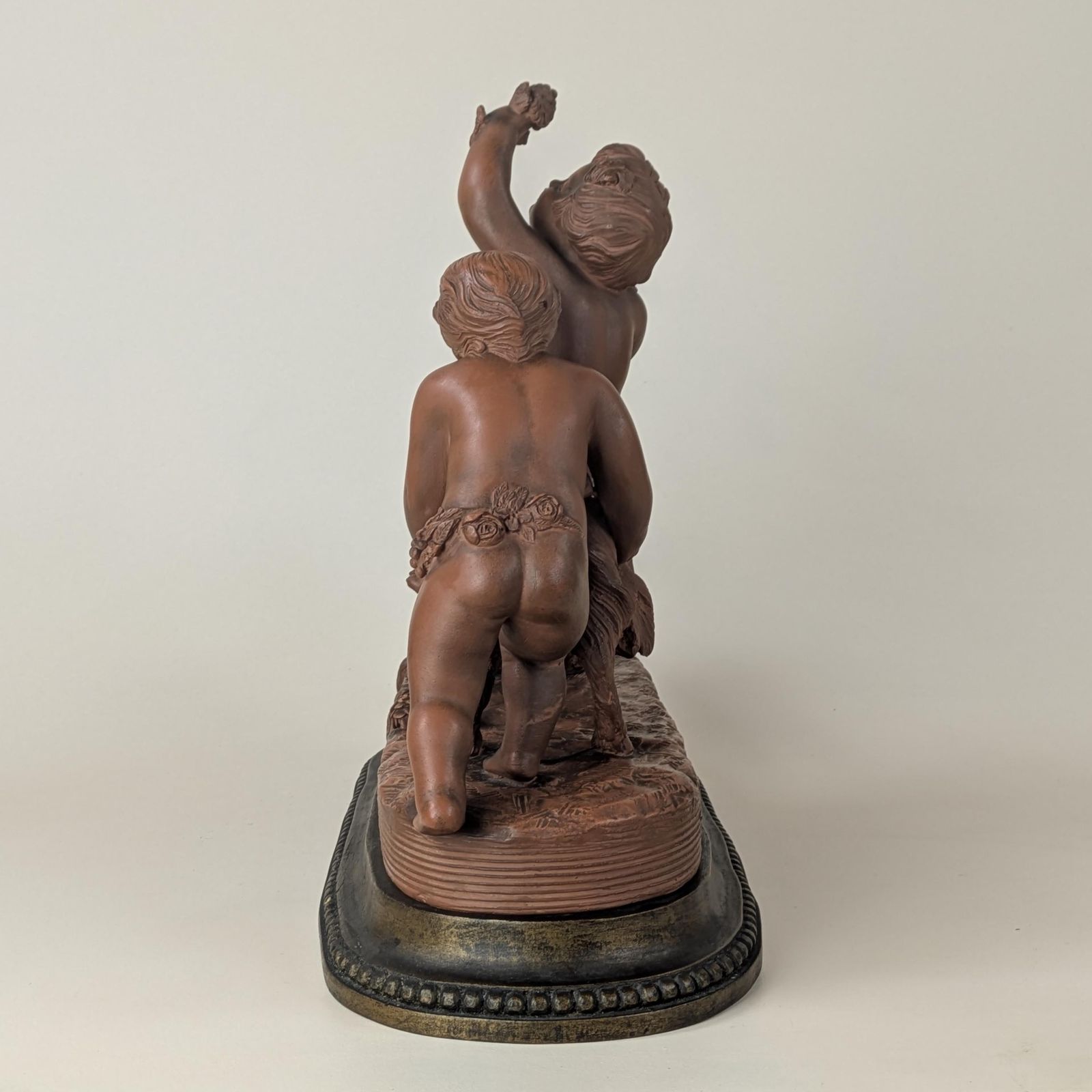 French Terracotta Putti And Goat Sculpture Signed By Toinel Large Clay Cherub And Goat Sculpture Statue, Art Decor From France photo vintage