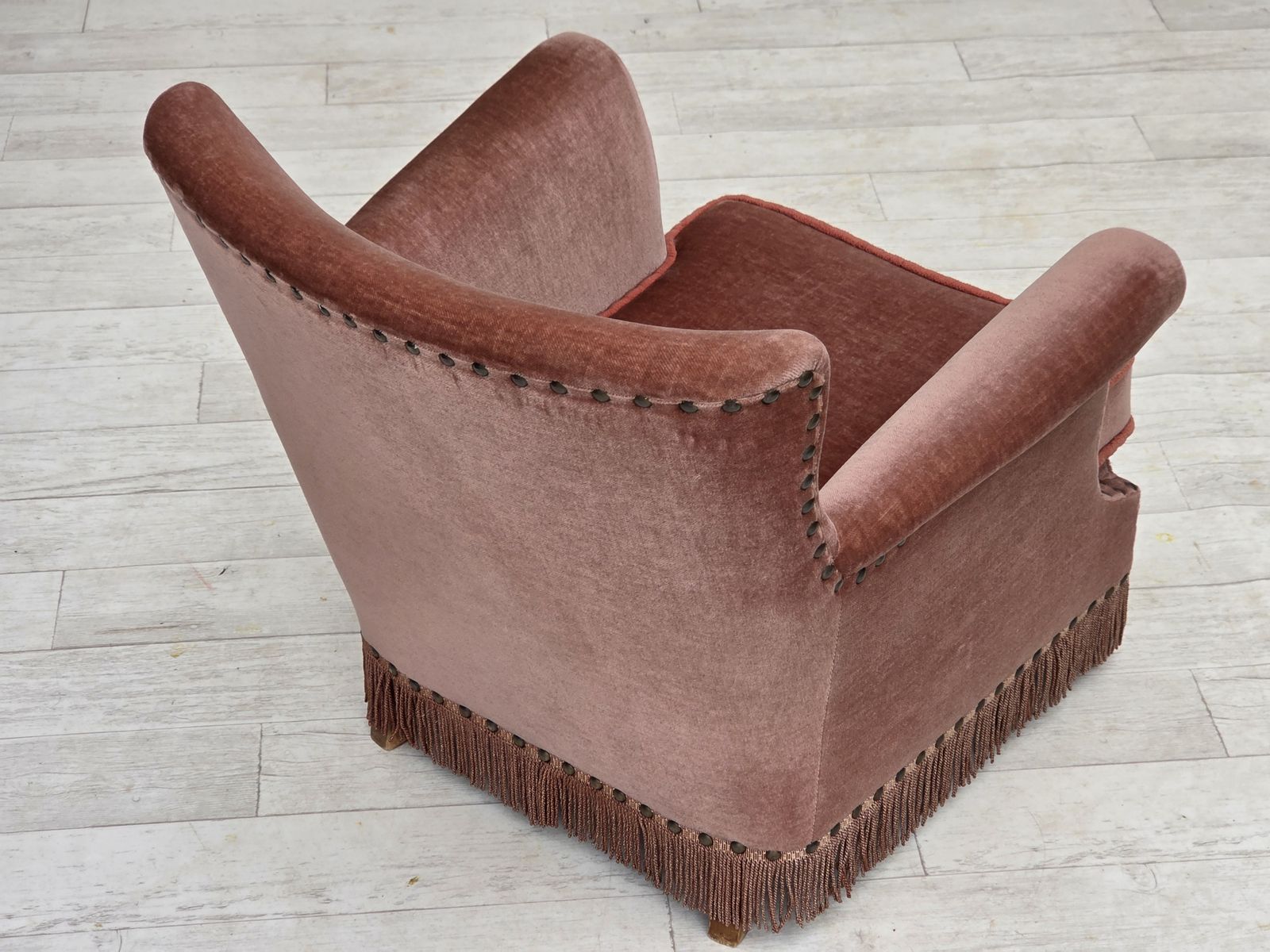 1970s, Danish Armchair, Salmon Pink Furniture Velour, Beech Wood. photo Furniture