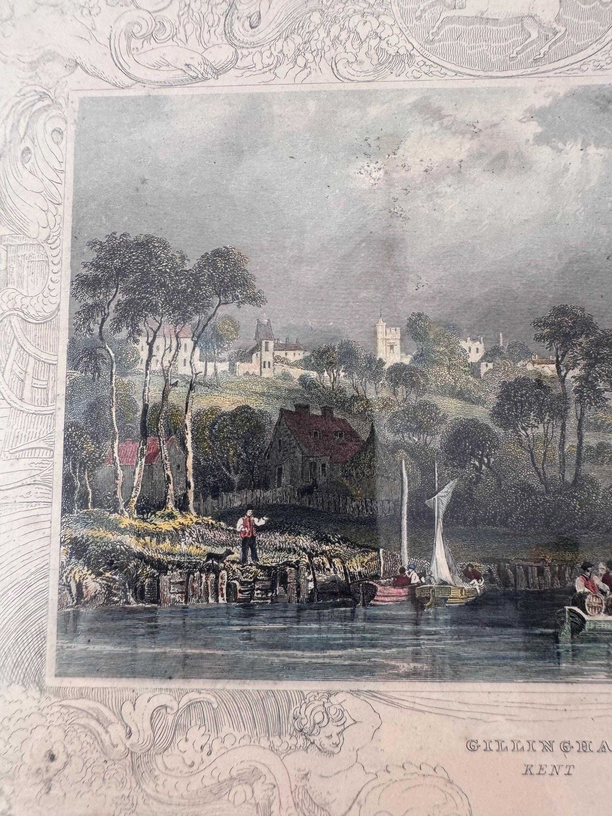 Framed Antique Engraving Gillingham, Kent, Antique English Landscape Print photo vinterior