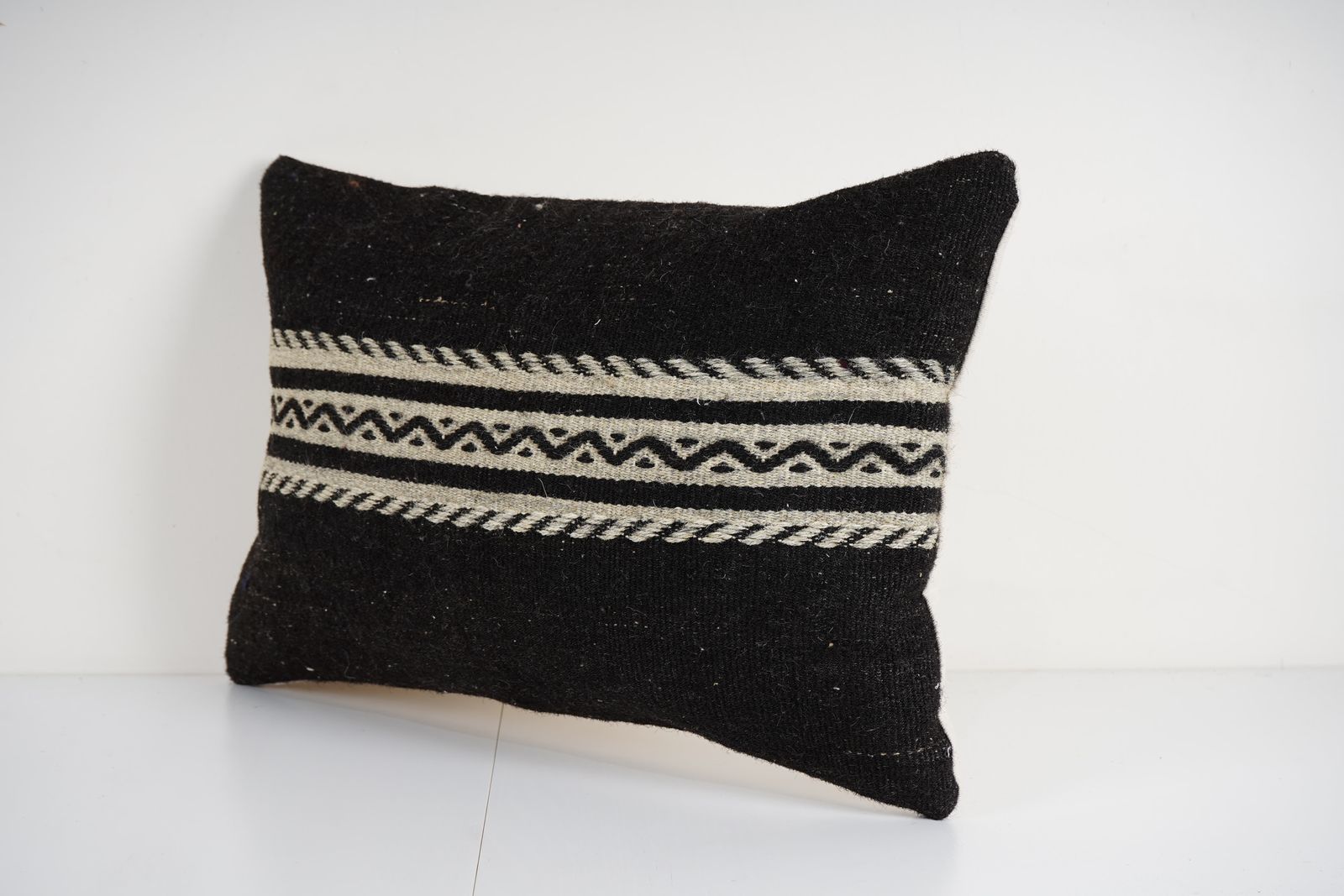 Black Turkish Kilim Pillow Cover – Handwoven Wool Cushion With Tribal Stripes – Boho Rustic Decor In Neutral Tones photo furniture
