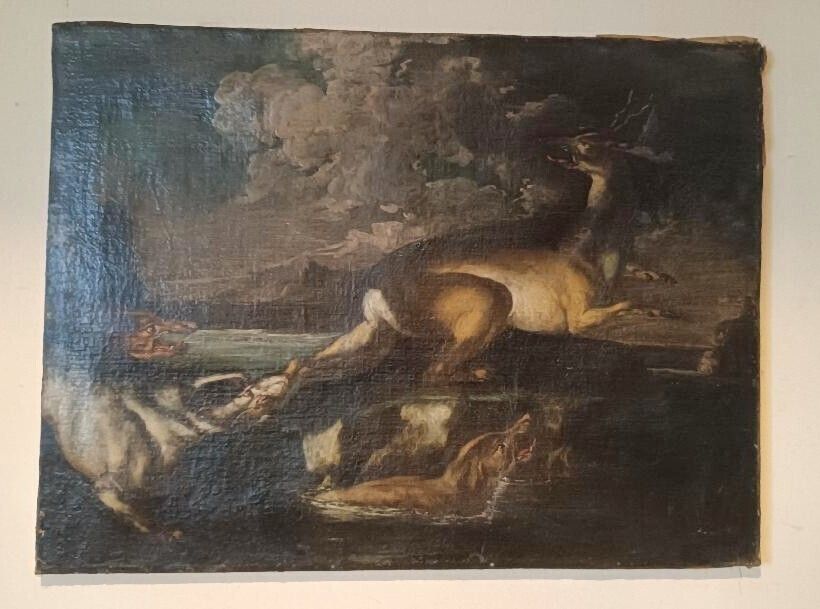 Hunting Scene   Antique Painting From The 17th Century Flemish School