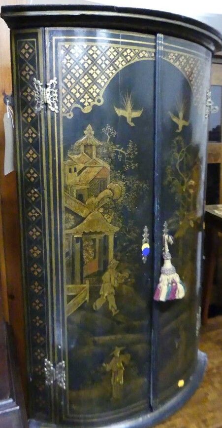 George III Chinoiserie Lacquered And Gilt Decorated Bowfront Hanging Corner Cupboard