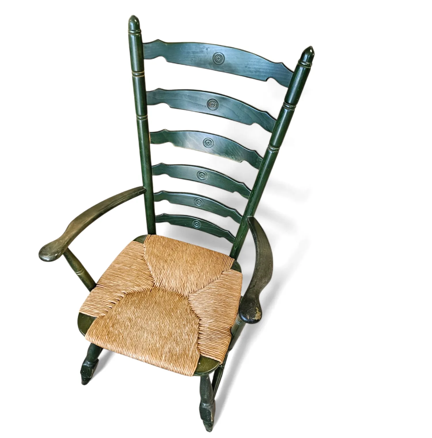 Vintage Transparent Green Wooden Arm Chair / Rush Seat / High Back Ladder Chair photo vinterior