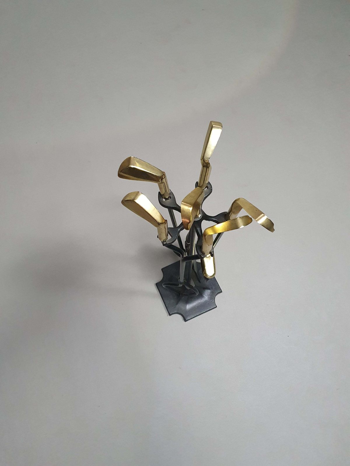 Home Fixtures Vintage Set Of Five Brass Fireplace Tools In Golf Themed Clubs, France Circa 1950's photo