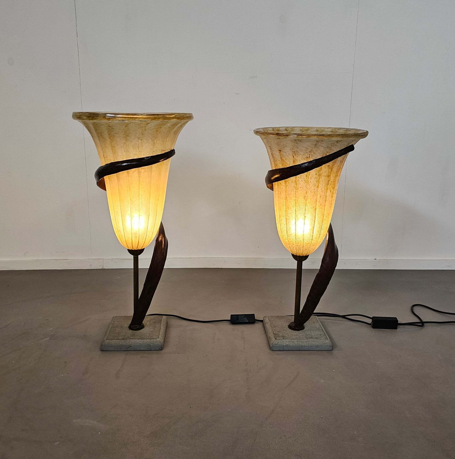 Lighting Large Jugendstil Floor / Table Lamps / Roberto Galli / Stone Base With Italian Glass Shade photo