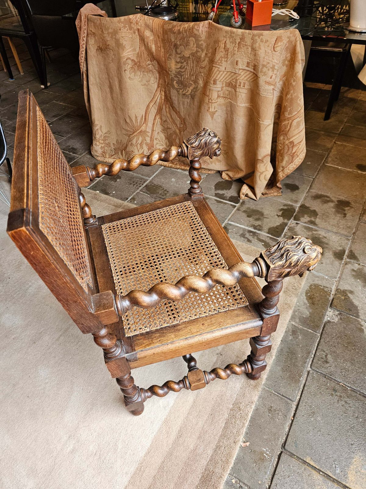2 X Jacobean Lionel Head Armchairs Oak Wood / Webbing Early 20th Century photo buy