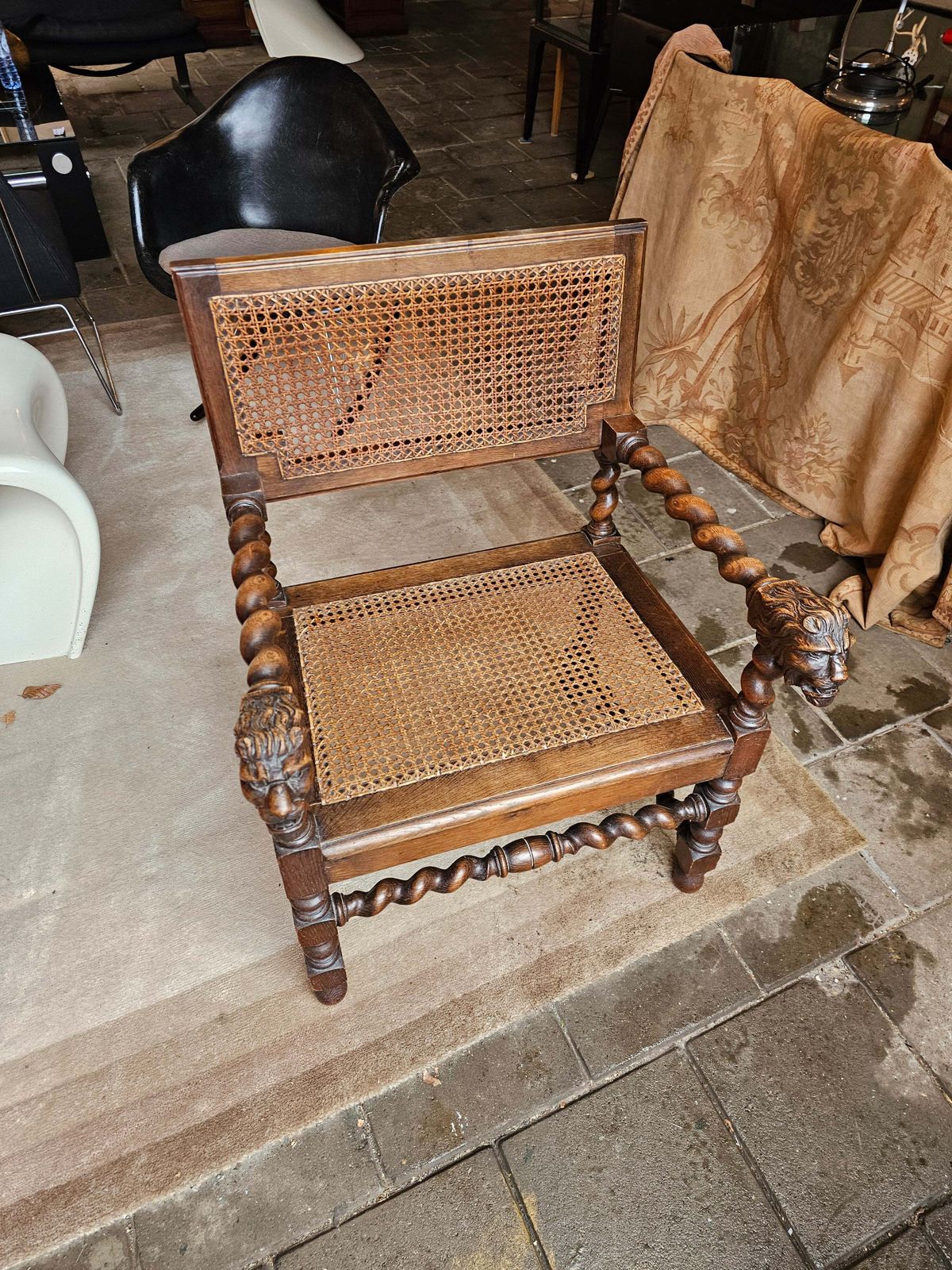 2 X Jacobean Lionel Head Armchairs Oak Wood / Webbing Early 20th Century photo vintage