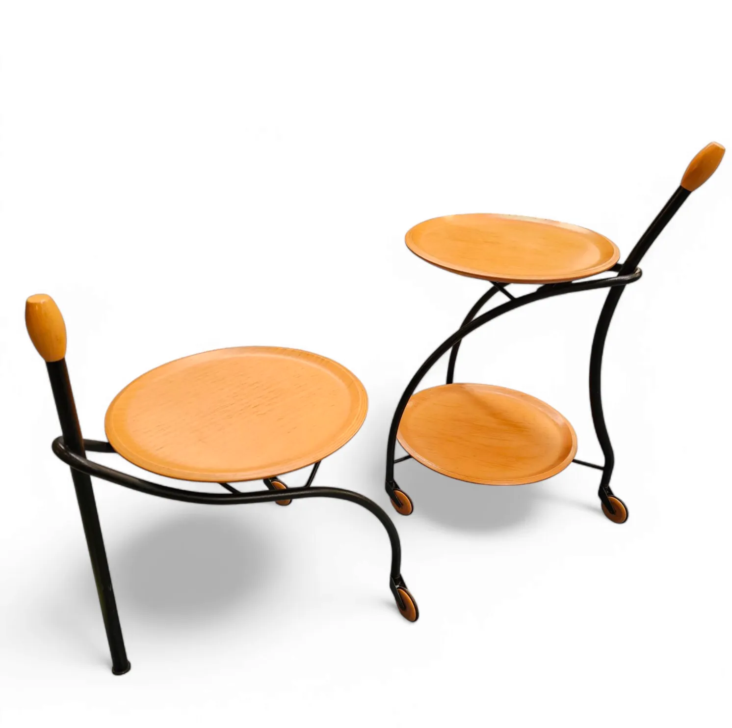 Matching Set / 3 Wheel Design Serving Trolleys / Side Tables In Steel & Beech By Bonaldo Italy 1990s photo buy