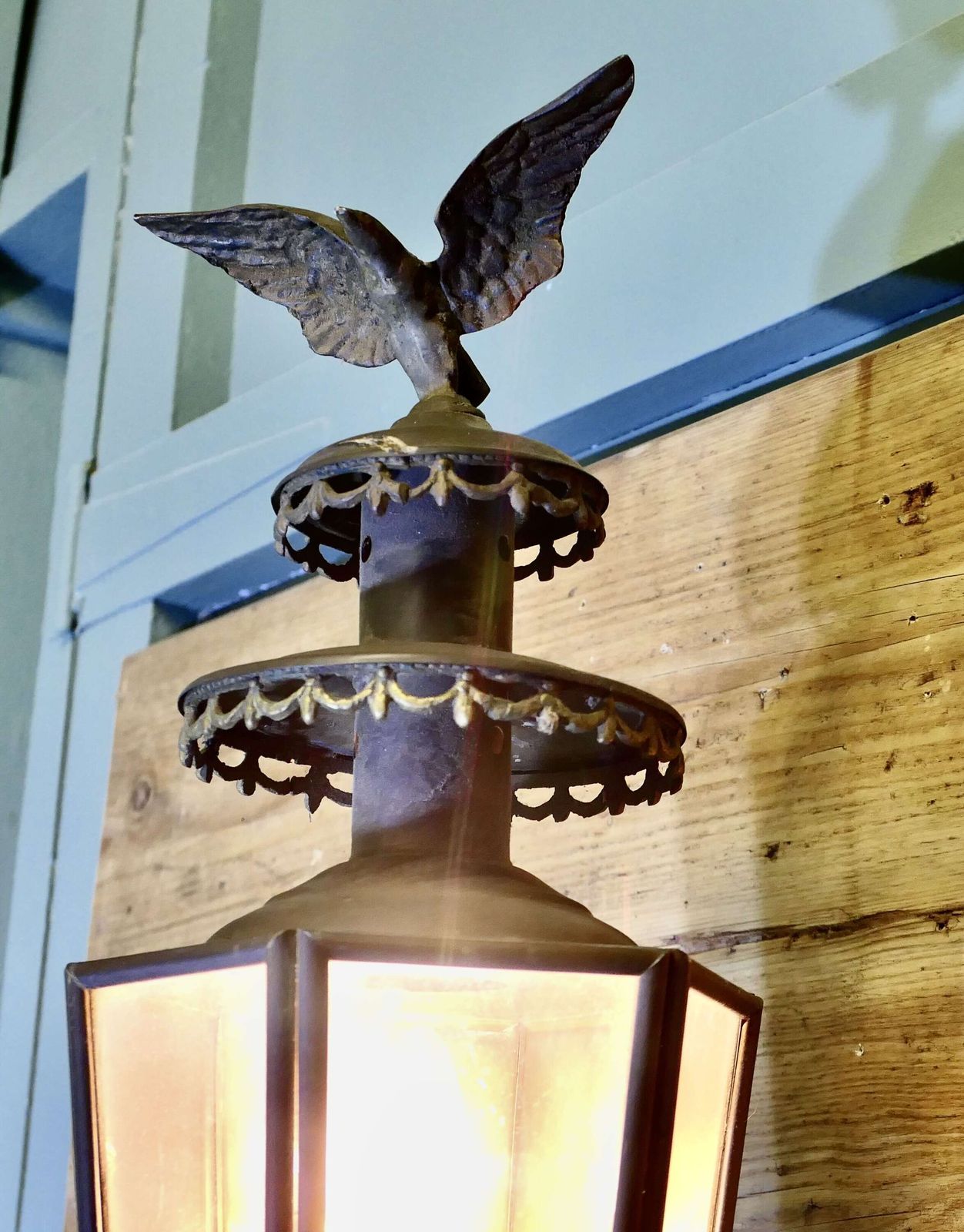 A Large Brass Carriage Light With Eagle, Wall Light photo for sale
