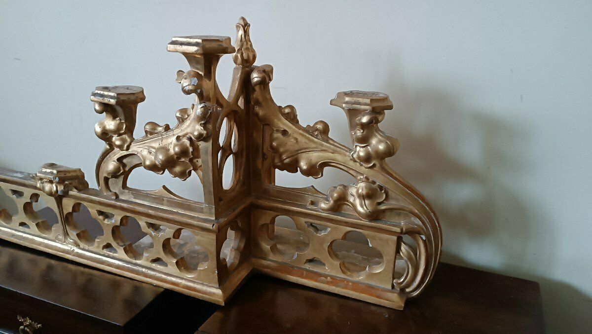 Triptych Neo Gothic Altar Gilded Wood Candlesticks photo vinterior