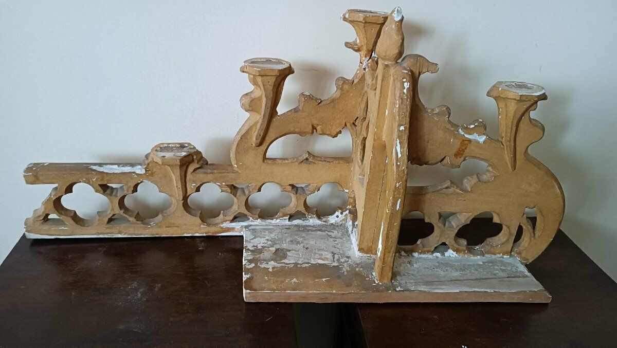 Triptych Neo Gothic Altar Gilded Wood Candlesticks photo buy