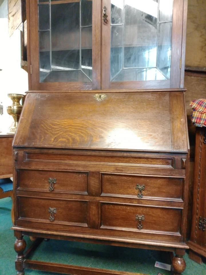 Oak Bureau Book Case With Leaded Glass Doors C.1930 photo Furniture