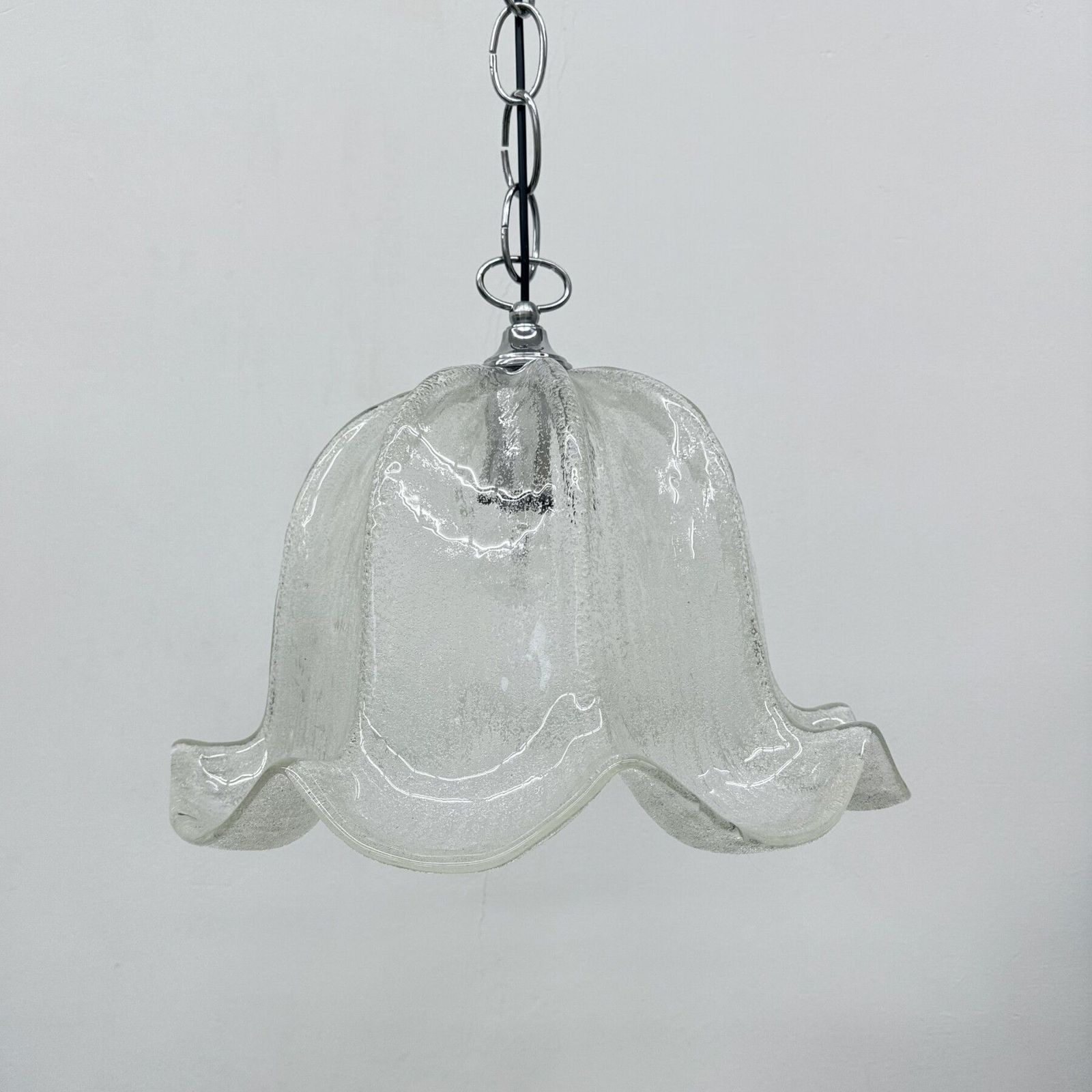 Mid Century Bell Shaped Ice Glass And Chrome Pendant Light, 1970s photo vintage
