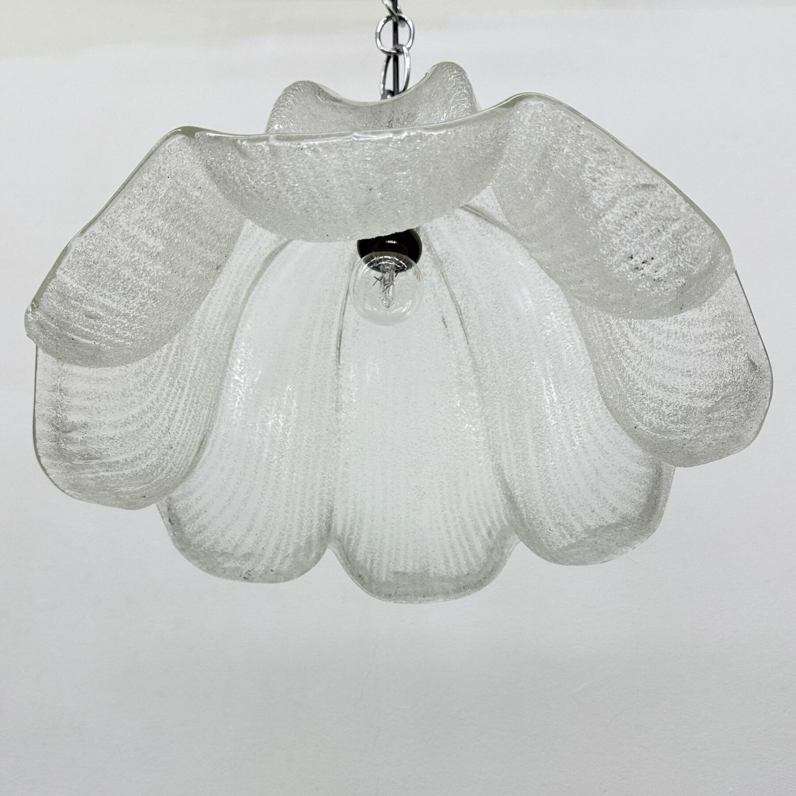 photo furniture Mid Century Bell Shaped Ice Glass And Chrome Pendant Light, 1970s