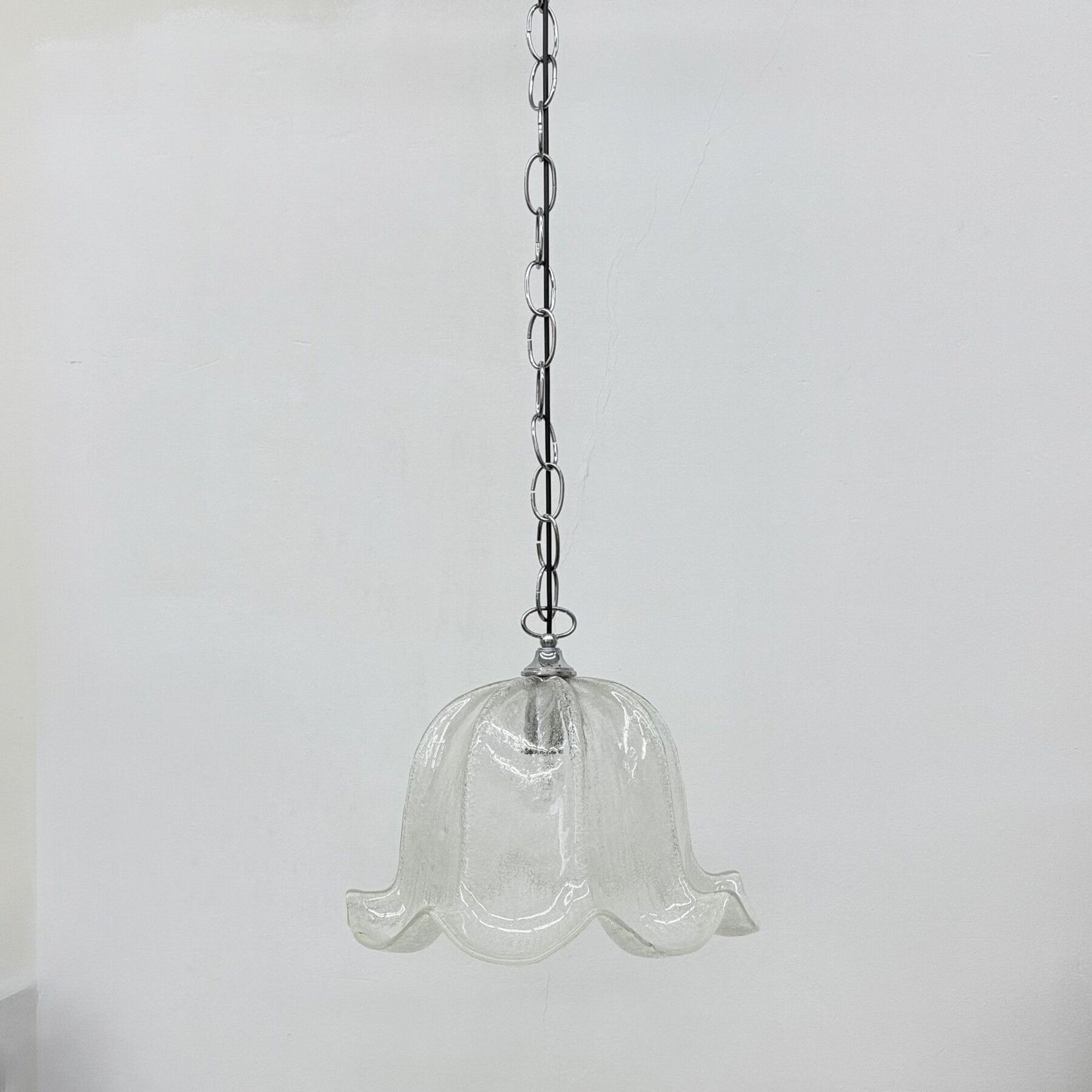 photo for sale Mid Century Bell Shaped Ice Glass And Chrome Pendant Light, 1970s