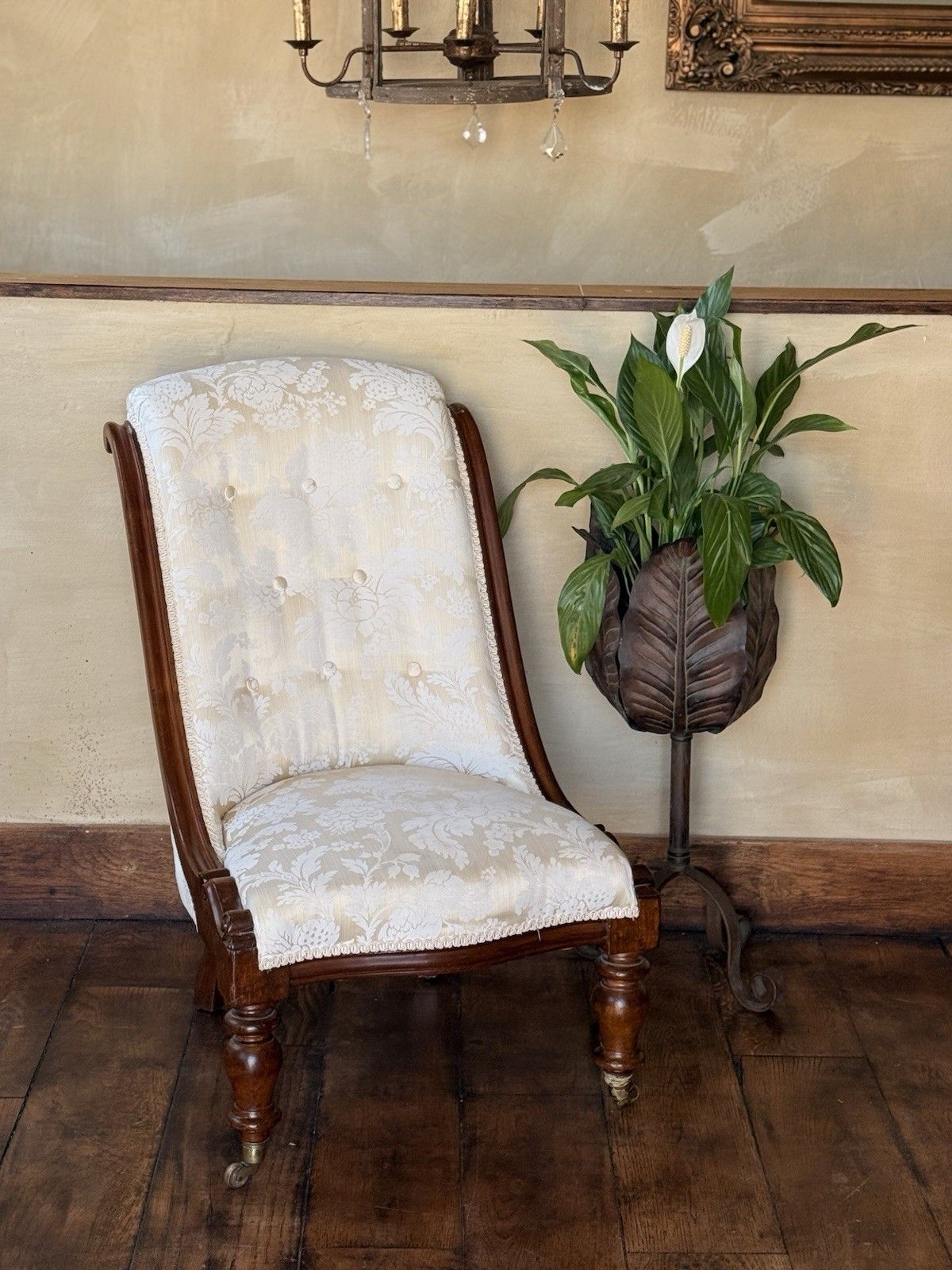 Original Antique Rosewood Nursing Ivory Damask Slipper Reading Chair photo for sale