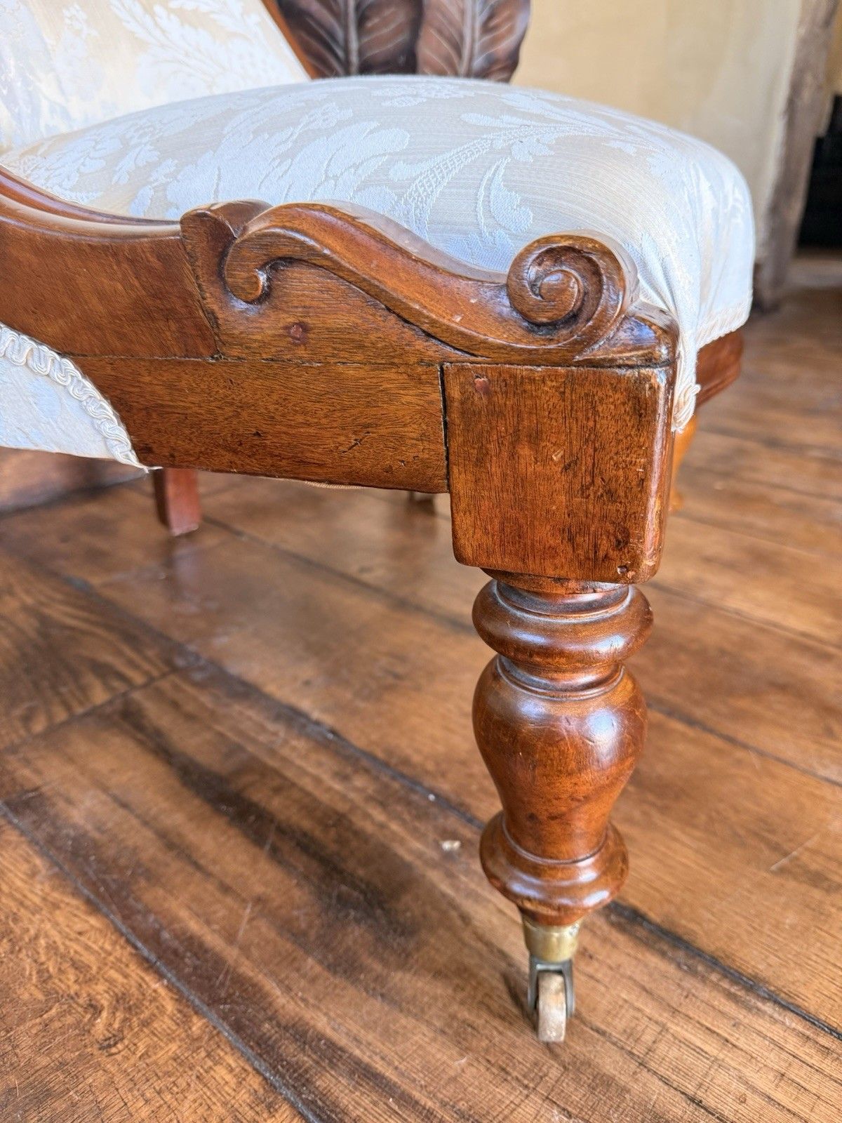Original Antique Rosewood Nursing Ivory Damask Slipper Reading Chair photo vintage
