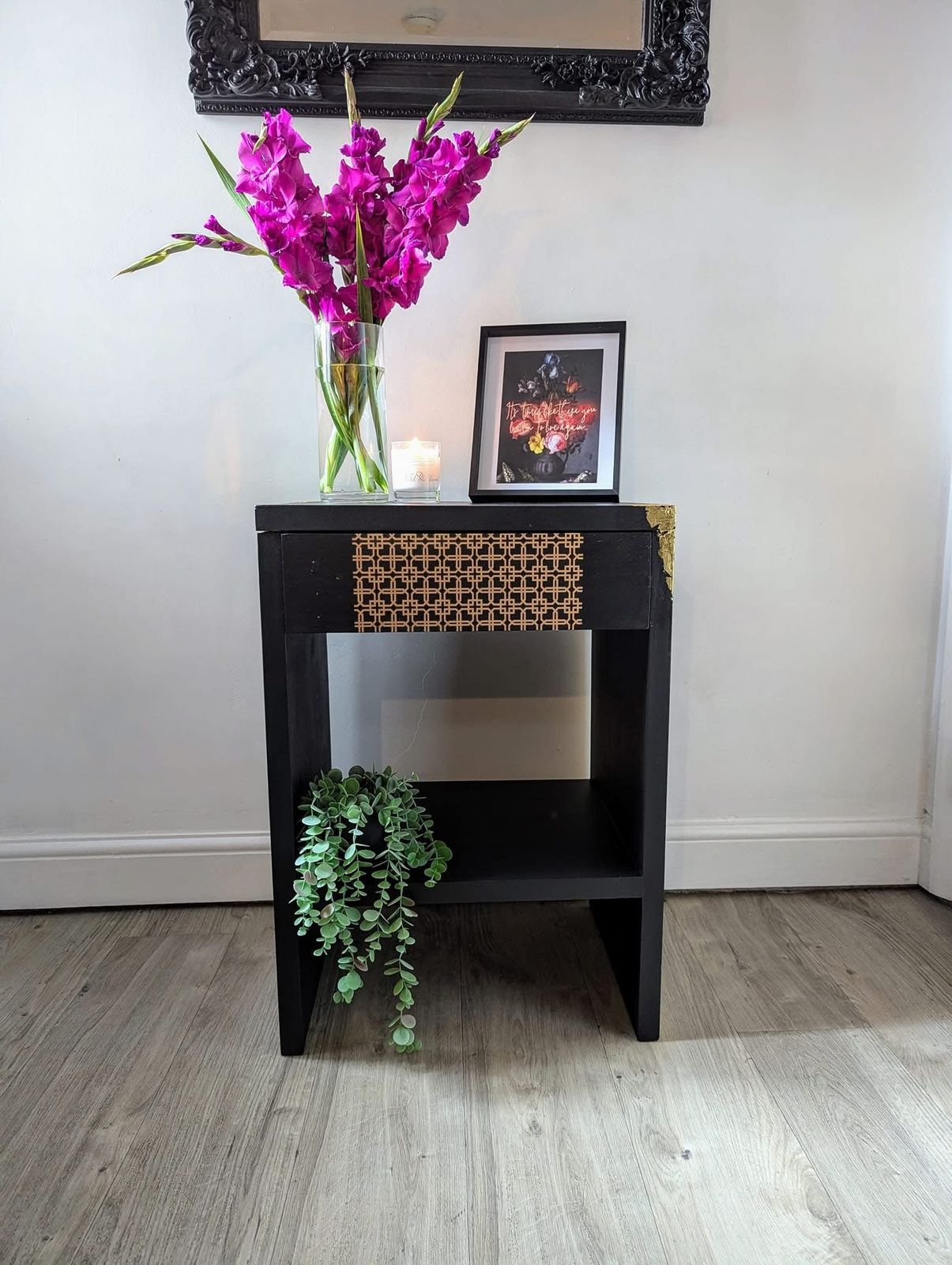 Upcycled Black Cabinet With Draw Gold Accents Koi Carp Lining