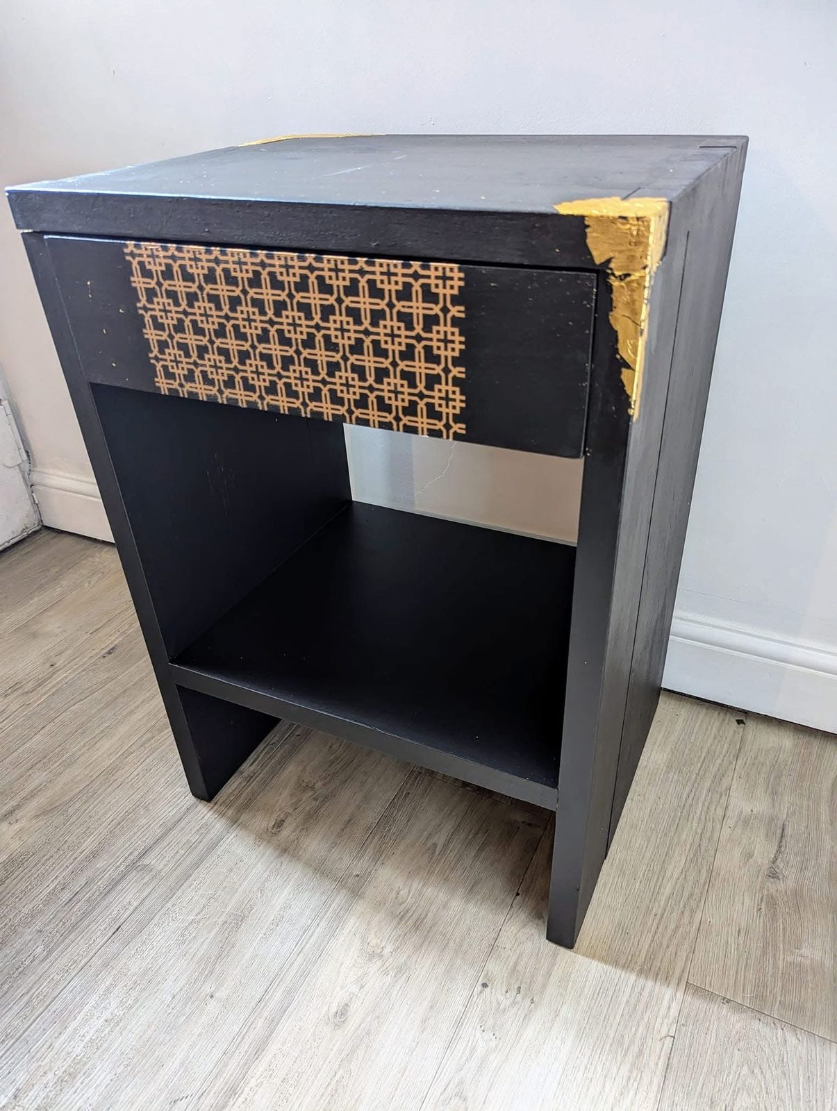Upcycled Black Cabinet With Draw Gold Accents Koi Carp Lining photo furniture