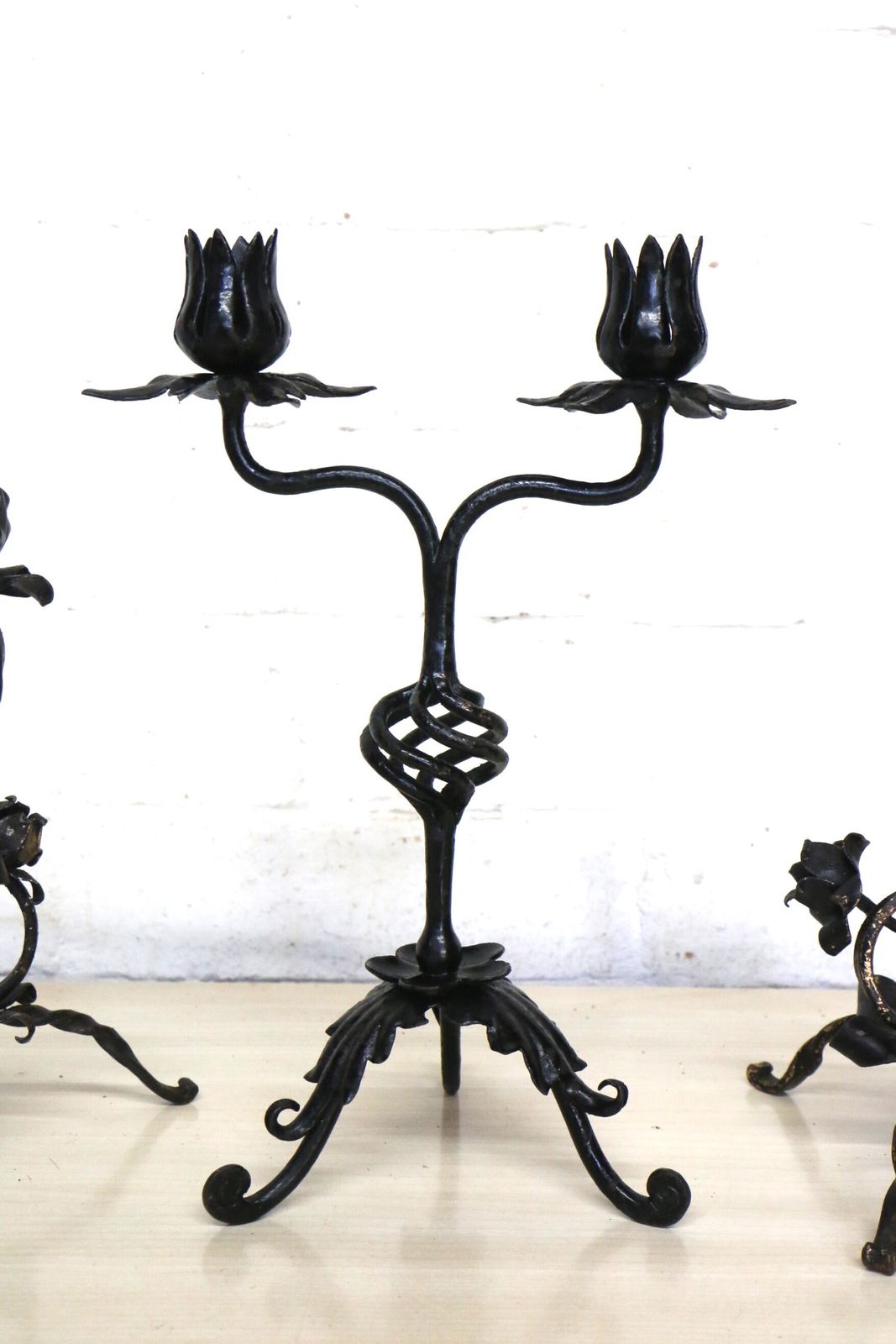 3 Old French Wrought Iron Candlesticks Blacksmith Made Small Art Nouveau Period photo Home Decor